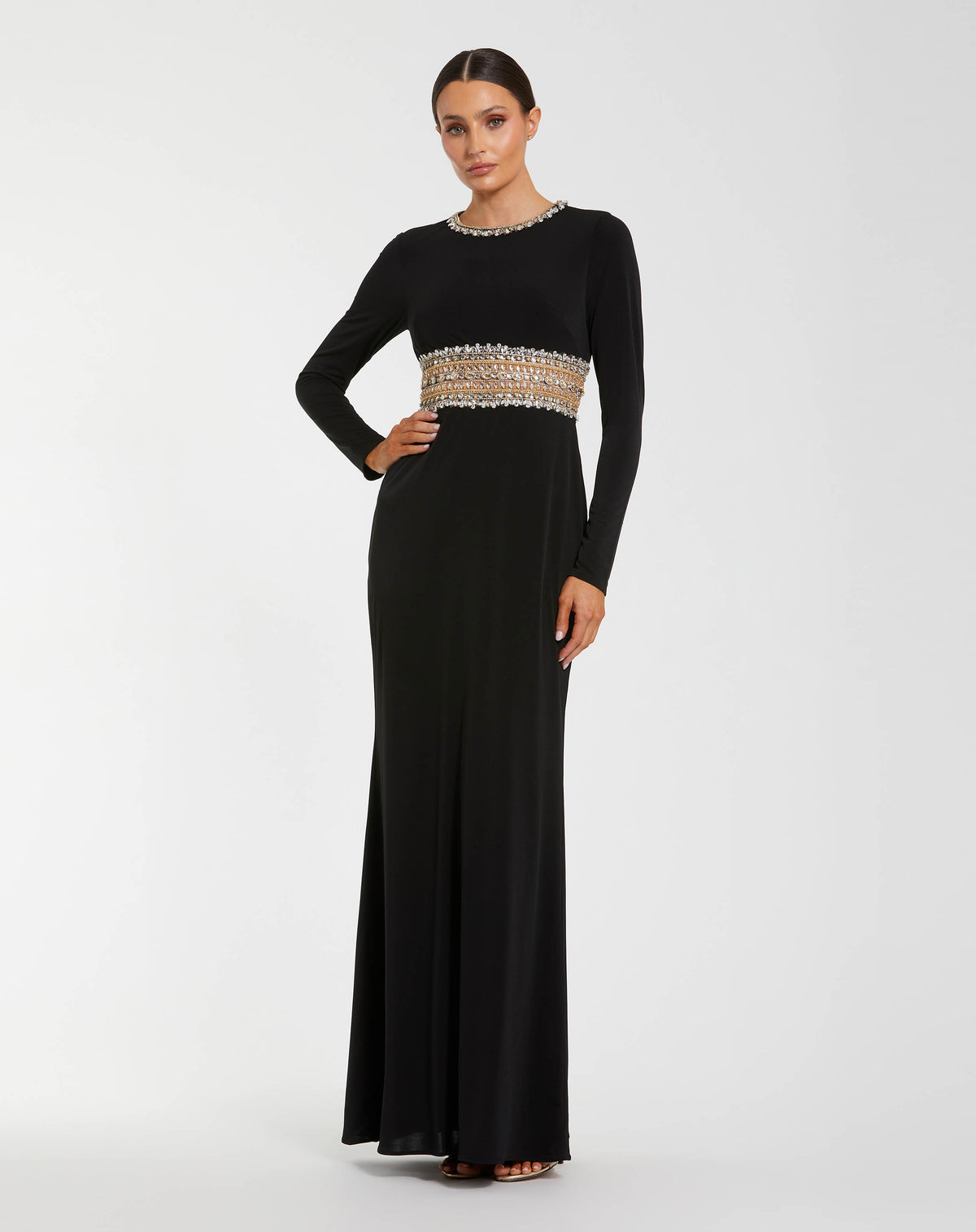 Black Long Sleeve Gown With Embellished Cut Out - Ieena for Mac Duggal