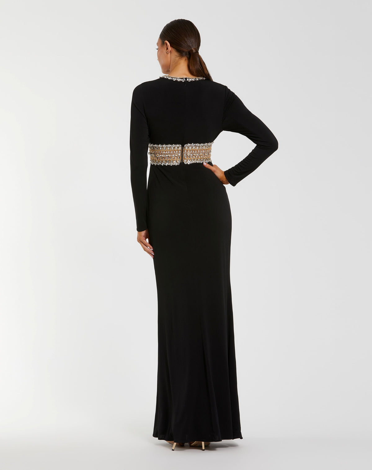 Black Long Sleeve Gown With Embellished Cut Out - Ieena for Mac Duggal