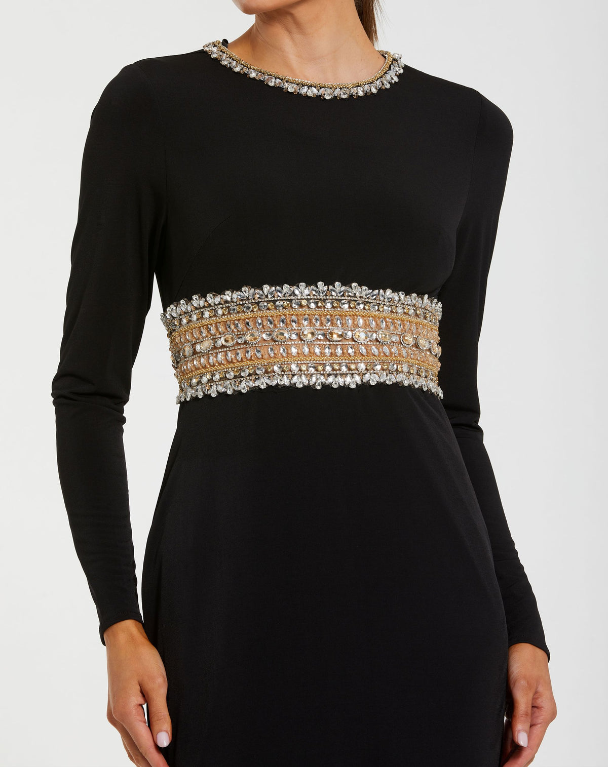 Black Long Sleeve Gown With Embellished Cut Out - Ieena for Mac Duggal