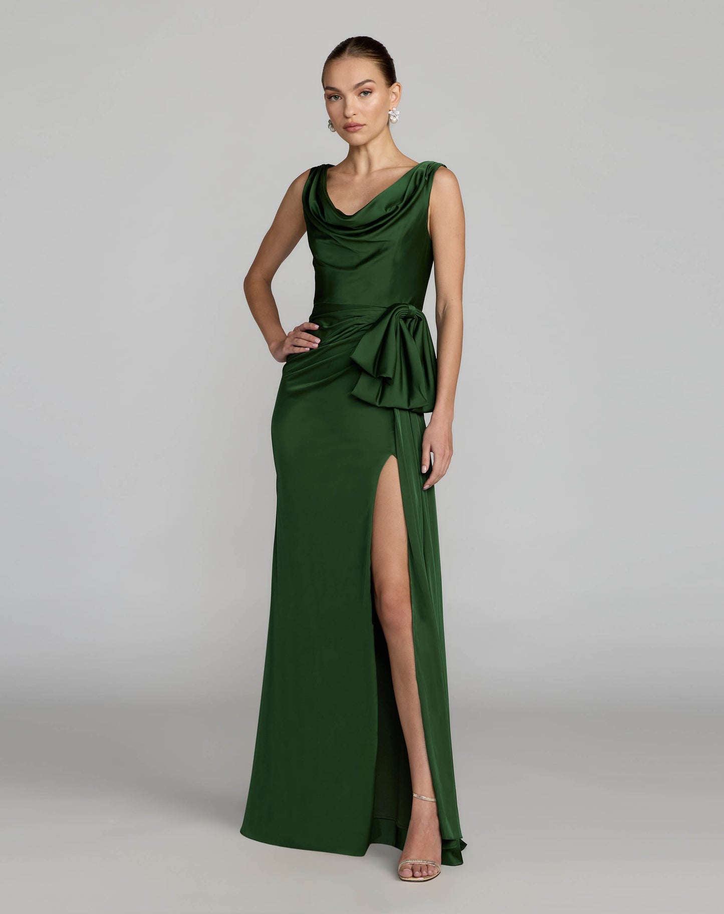Green Draped Cowl Neck Gown with Side Slit Ieena for Mac Duggal