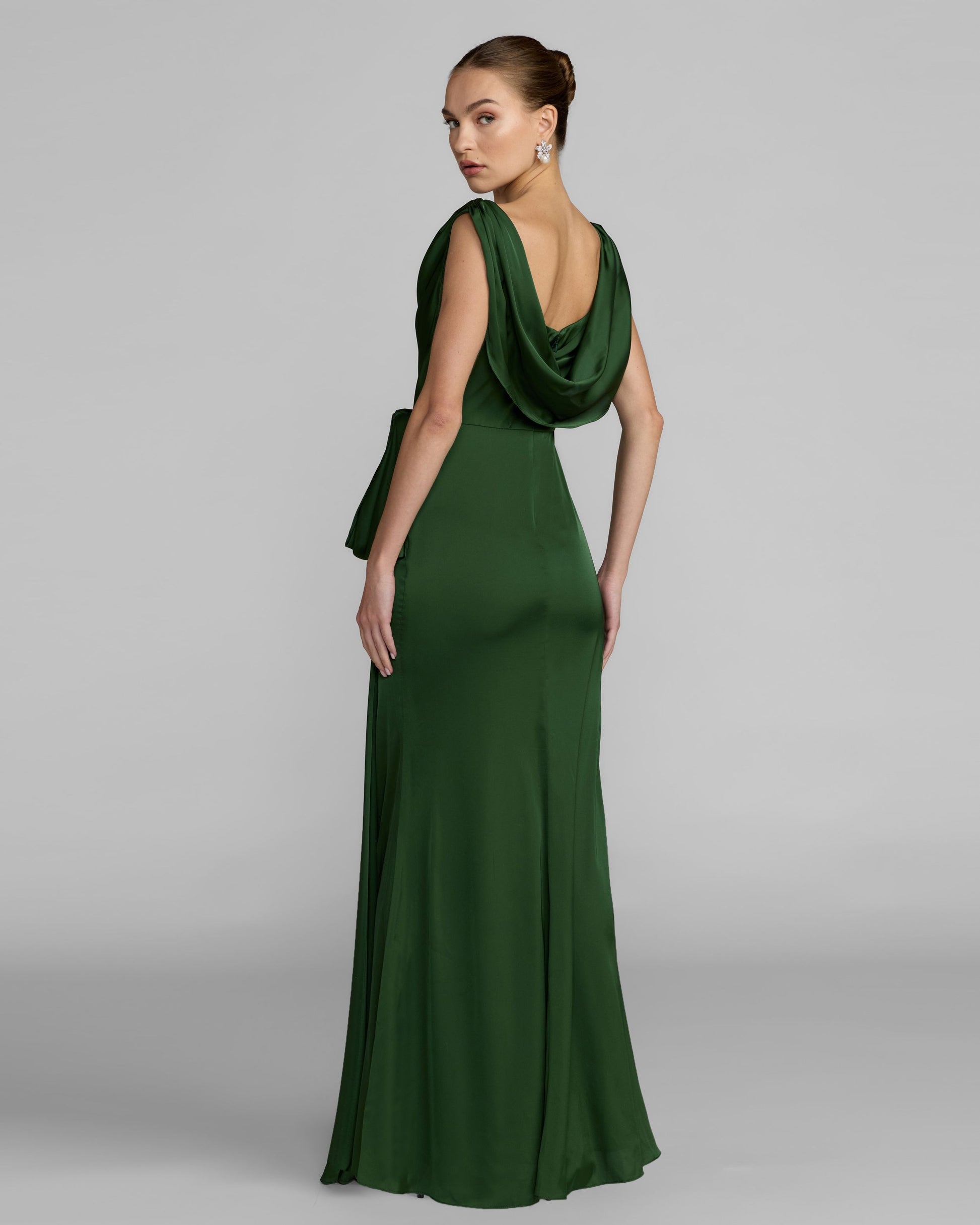 Green Draped Cowl Neck Gown with Side Slit Ieena for Mac Duggal