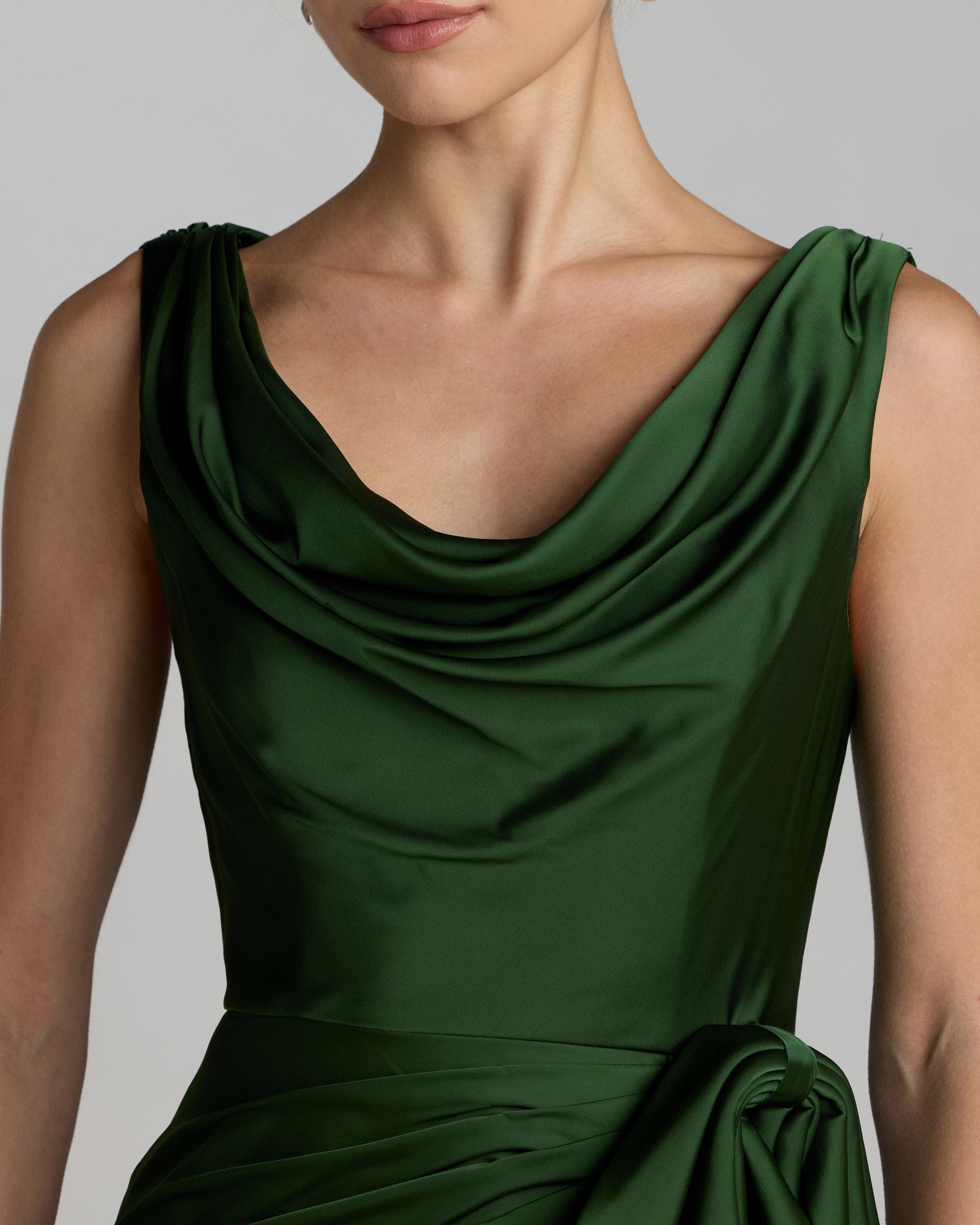 Green Draped Cowl Neck Gown with Side Slit Ieena for Mac Duggal