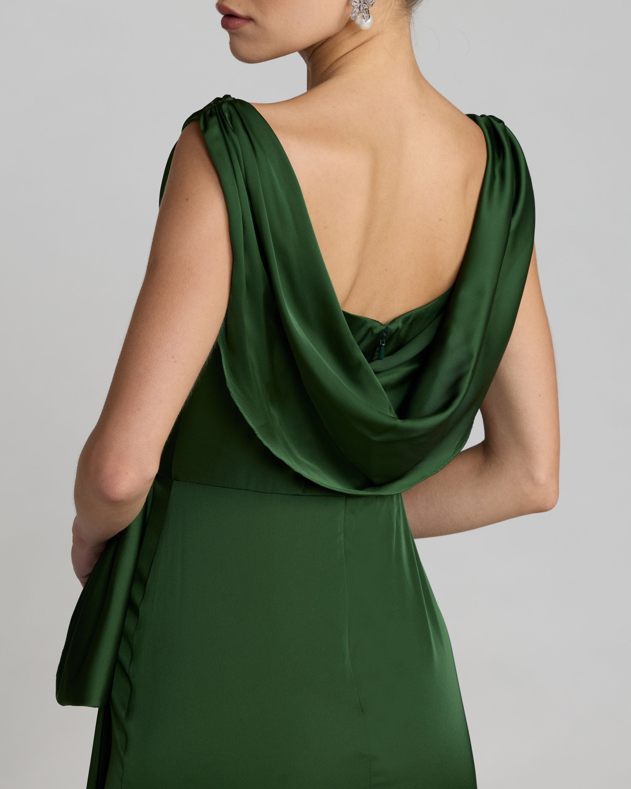 Green Draped Cowl Neck Gown with Side Slit Ieena for Mac Duggal