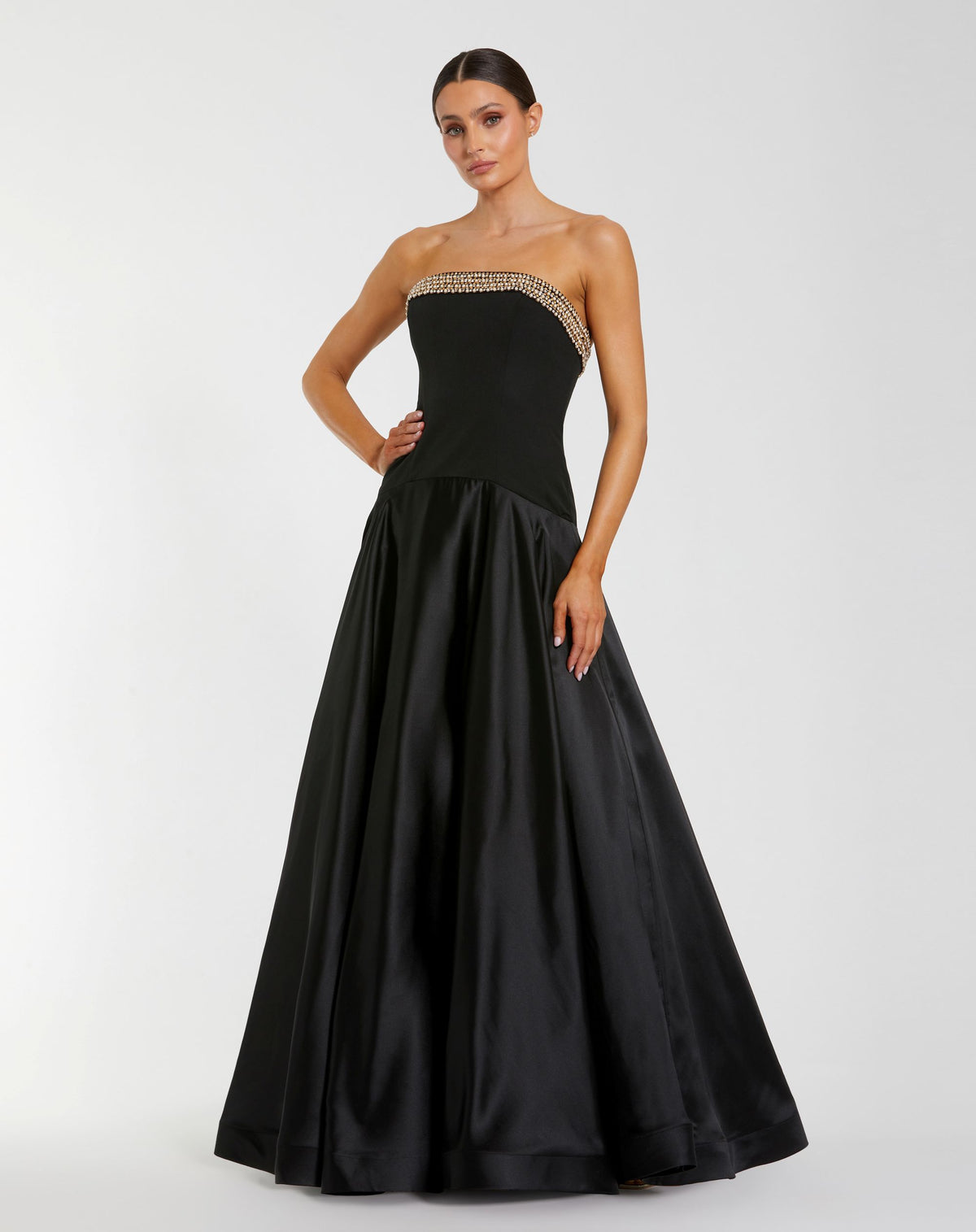 Black Strapless Crepe Bodice Gown With Satin Skirt - Ieena for Mac Duggal