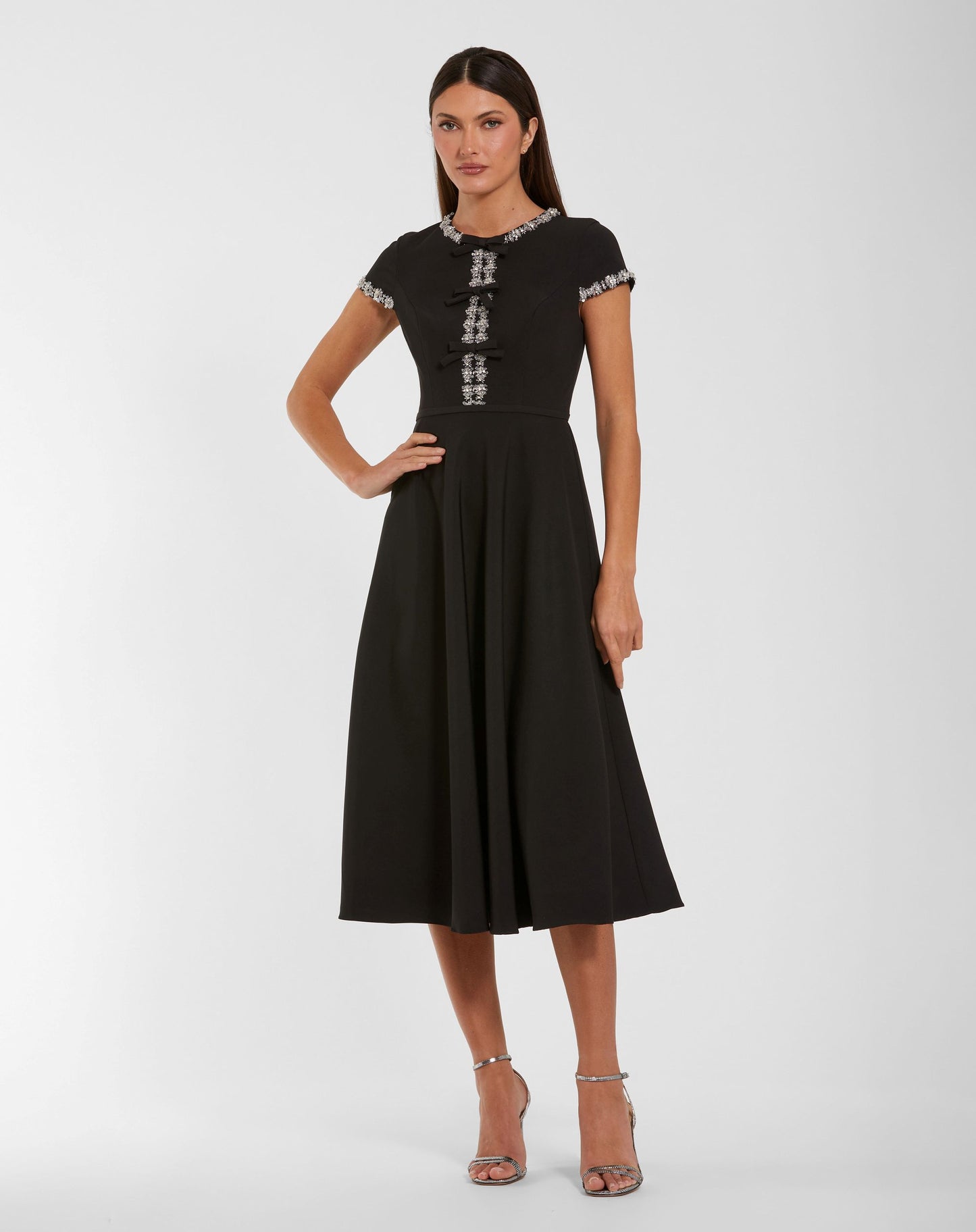 Black Embellished Crepe Cap Sleeve Midi Dress - Ieena for Mac Duggal
