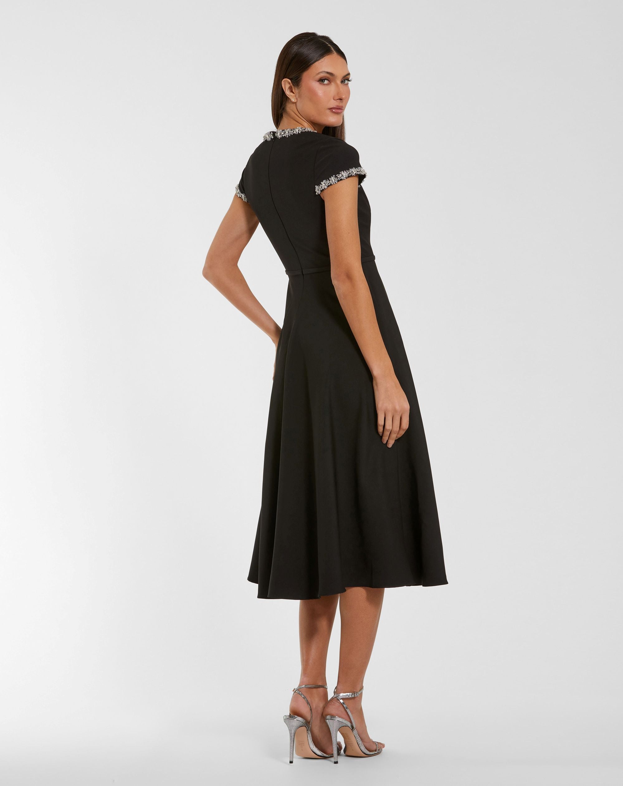Black Embellished Crepe Cap Sleeve Midi Dress - Ieena for Mac Duggal