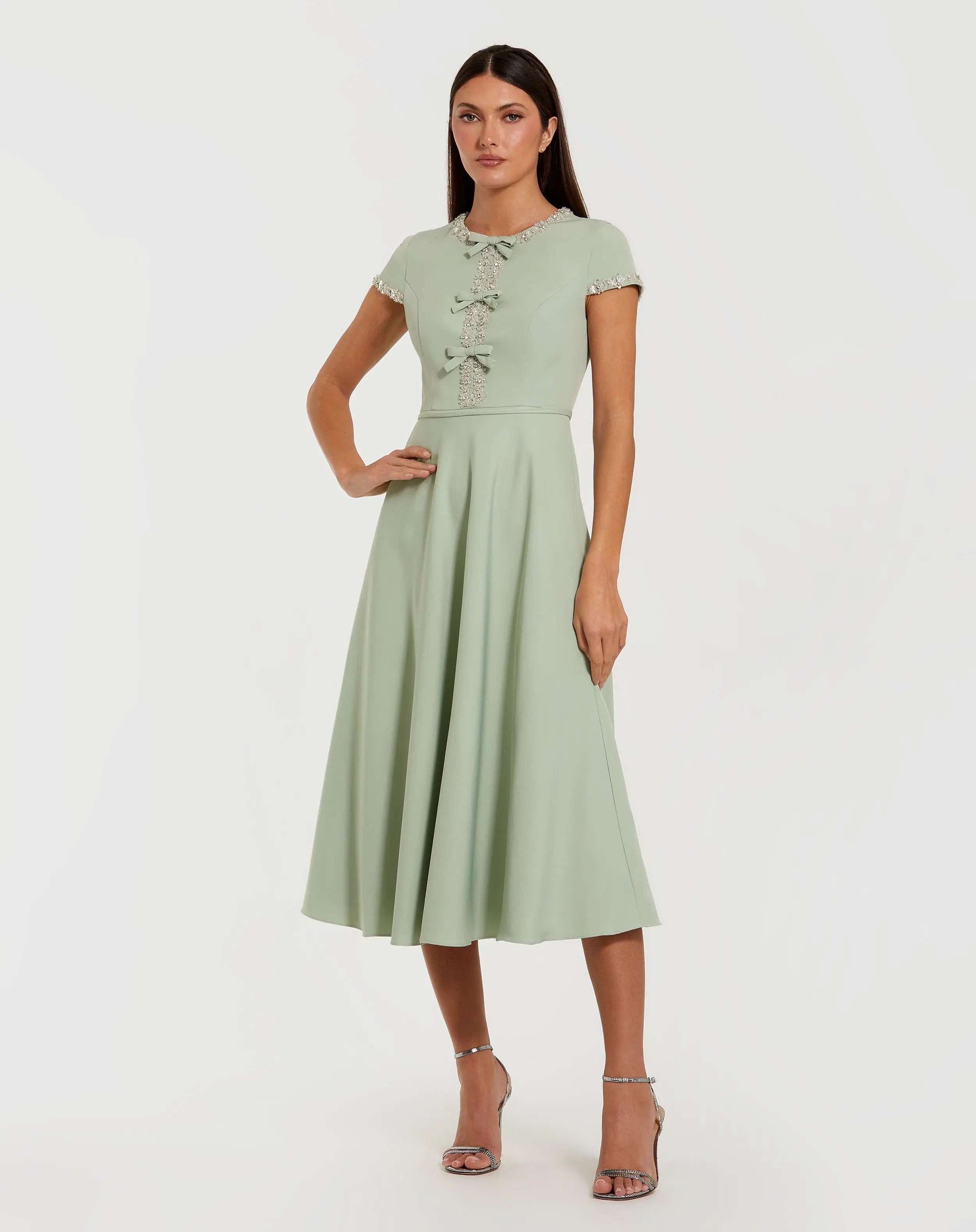 Green Floral Embellished Cap Sleeve Midi Dress | Mac Duggal Green Floral Embellished Cap Sleeve Midi Dress | Mac Duggal