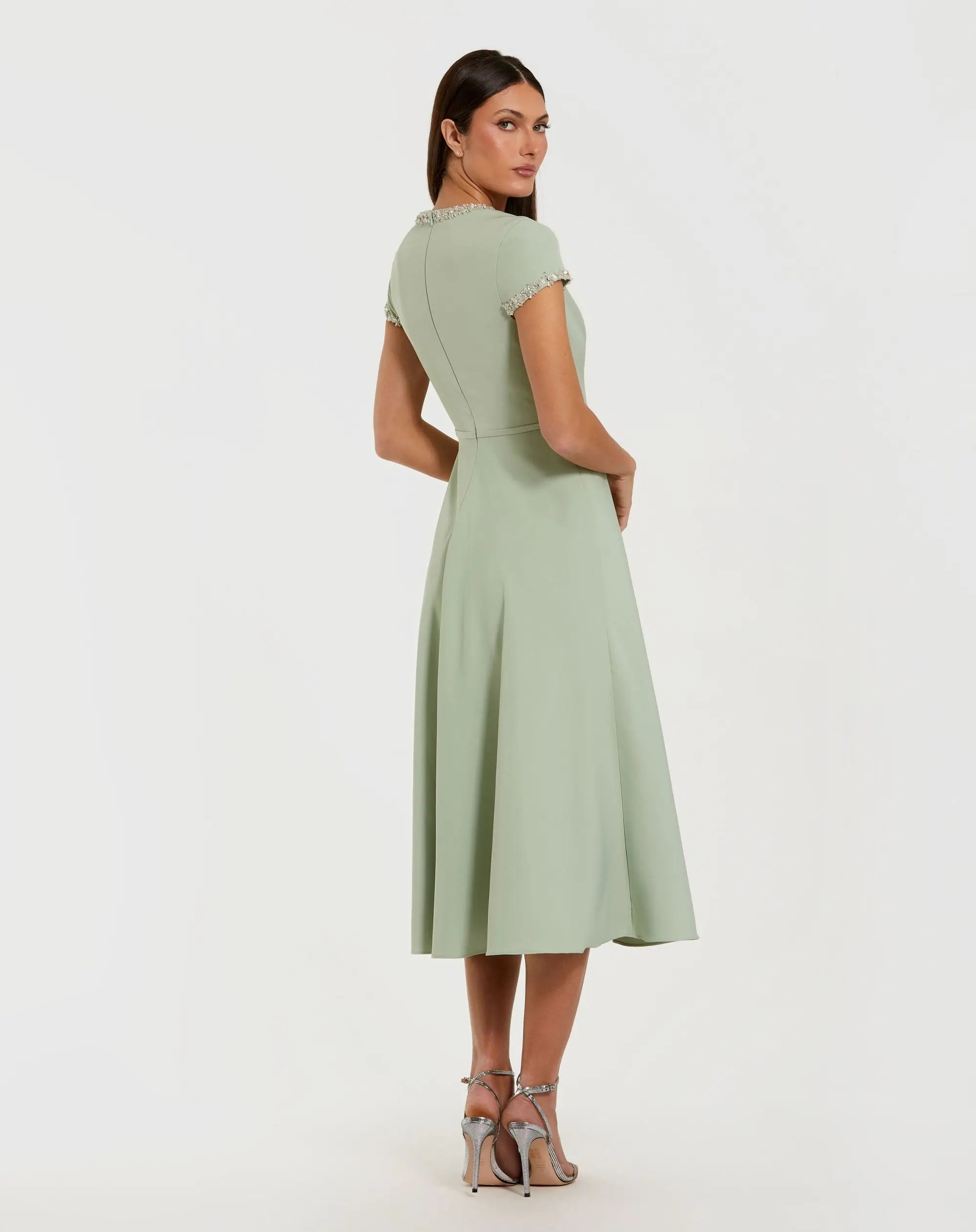 Green Embellished Crepe Cap Sleeve Midi Dress - Ieena for Mac Duggal