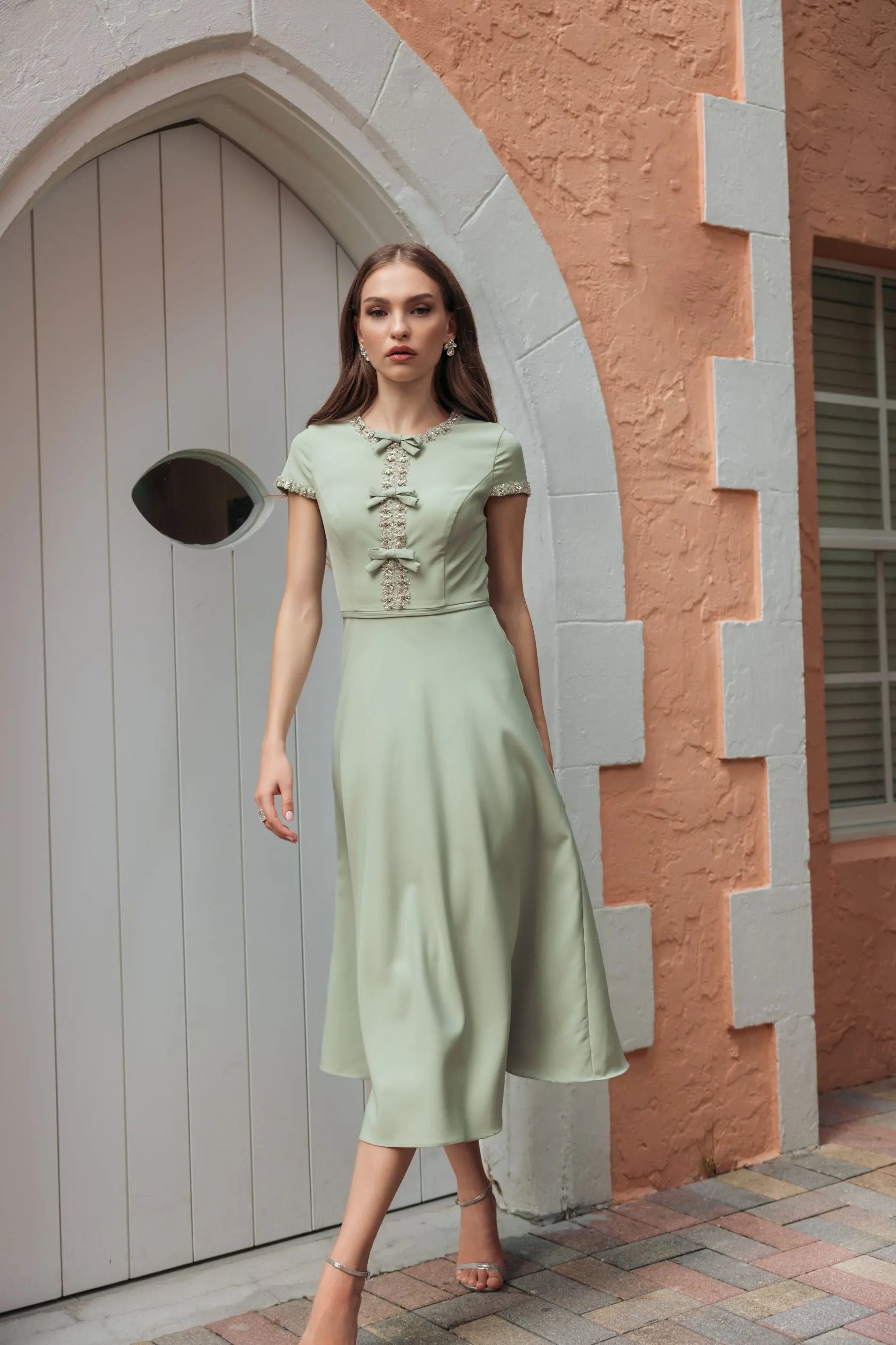 Mac Duggal Crepe Rhinestone Beading Bow Midi Dress, Womens, 2, Sage