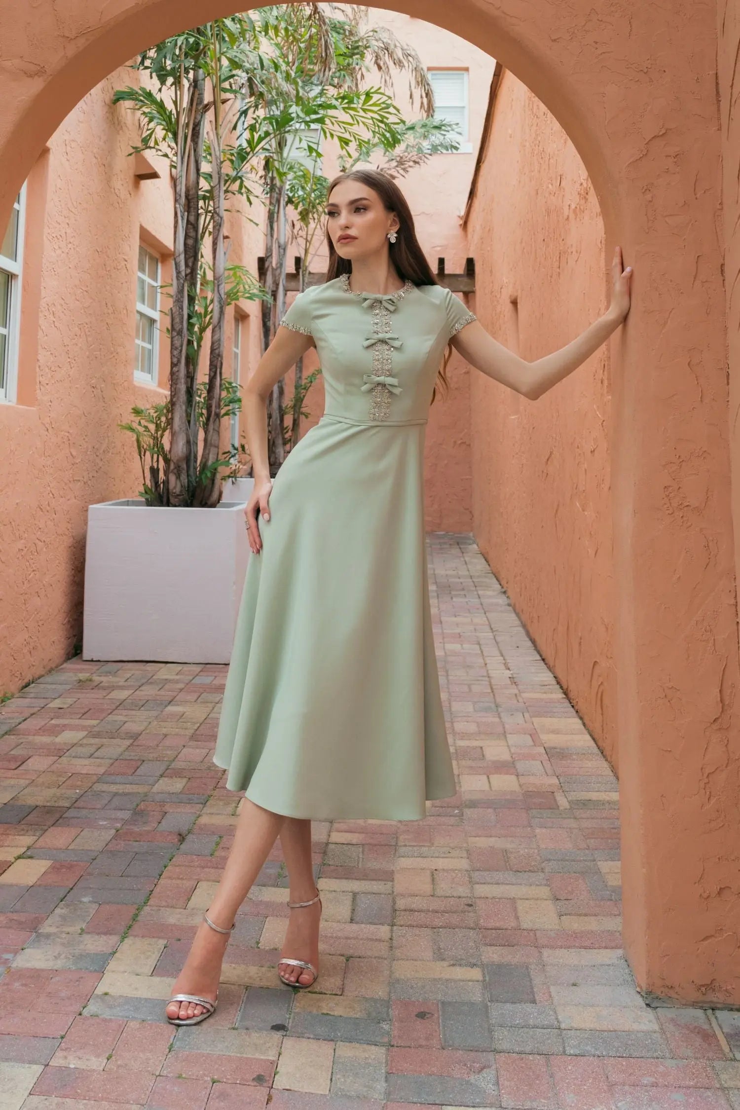 Mac Duggal Crepe Rhinestone Beading Bow Midi Dress, Womens, 2, Sage Mac Duggal Crepe Rhinestone Beading Bow Midi Dress, Womens, 2, Sage