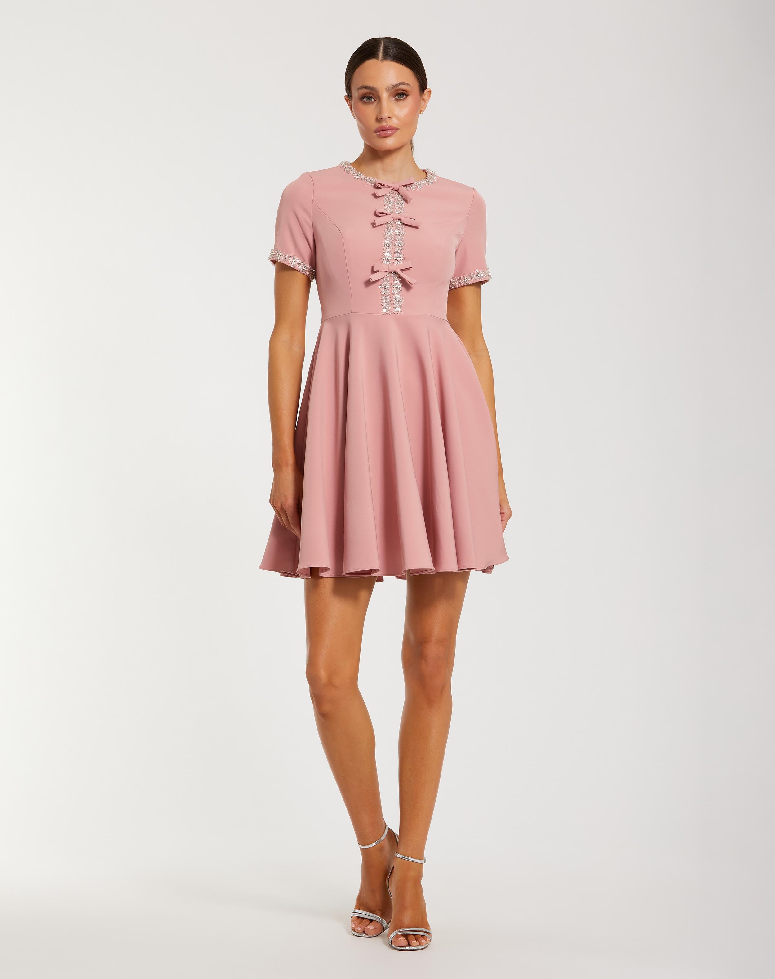 Pink Crepe A Line Mini Dress With Rhinestone Beading Ieena for Mac Duggal