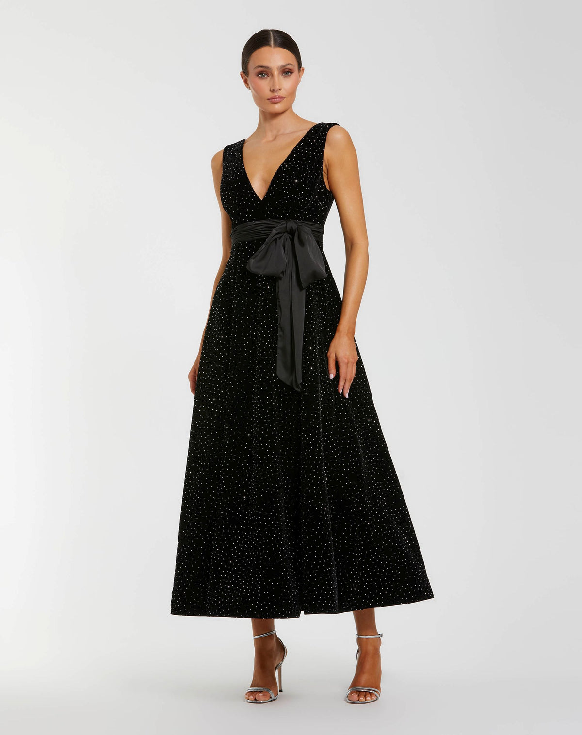 Black Embellished Velvet Midi Dress With Bow - Ieena for Mac Duggal
