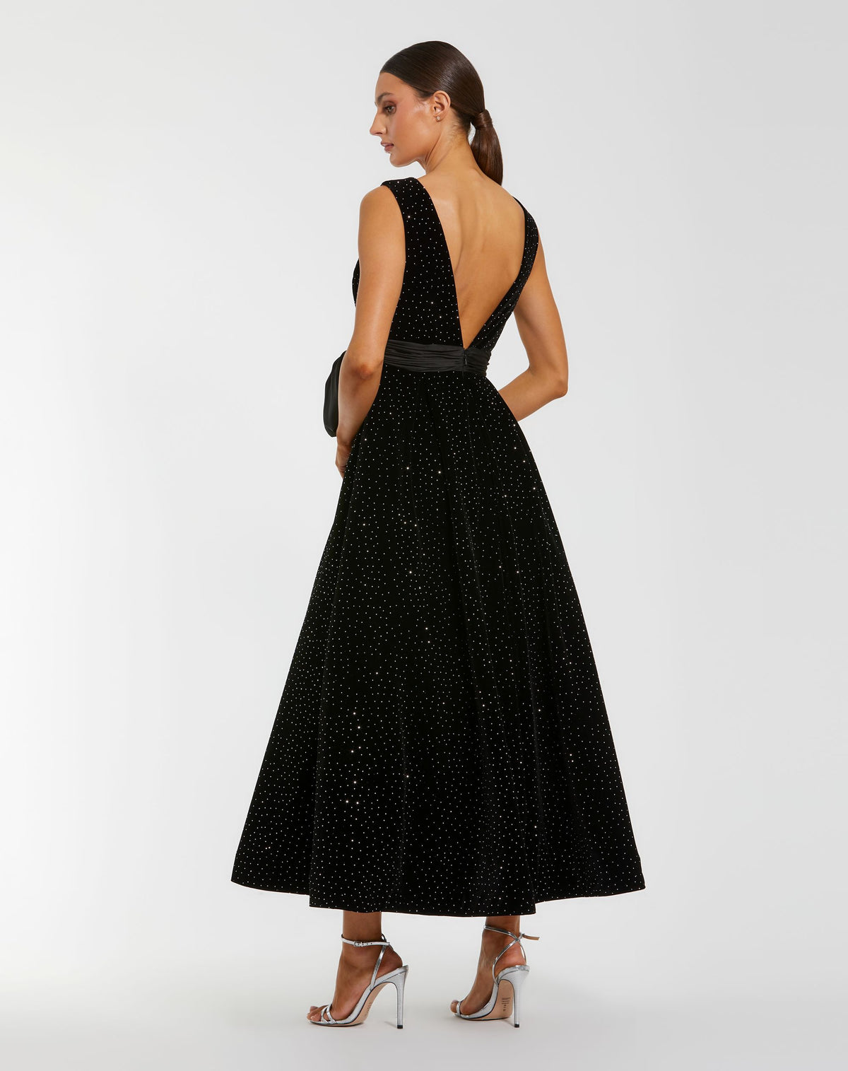 Black Embellished Velvet Midi Dress With Bow - Ieena for Mac Duggal