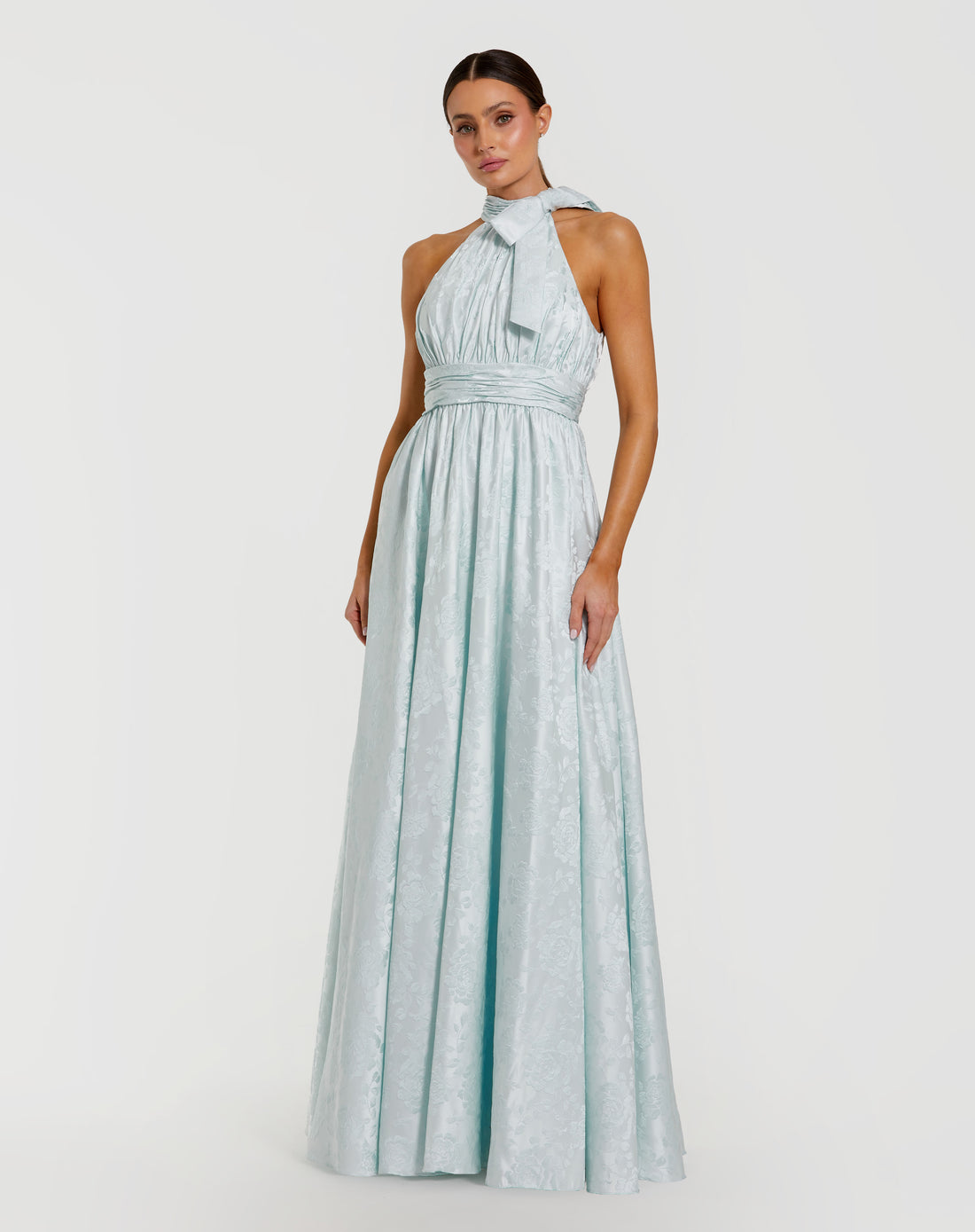 Blue Sleeveless Halter Neck Brocade Gown With Bow Detail - Ieena for Mac Duggal 