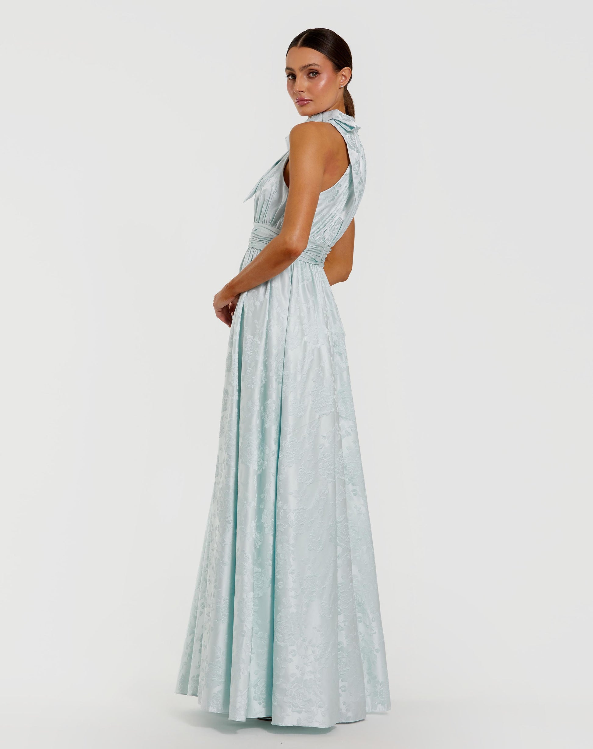 Blue Sleeveless Halter Neck Brocade Gown With Bow Detail - Ieena for Mac Duggal 