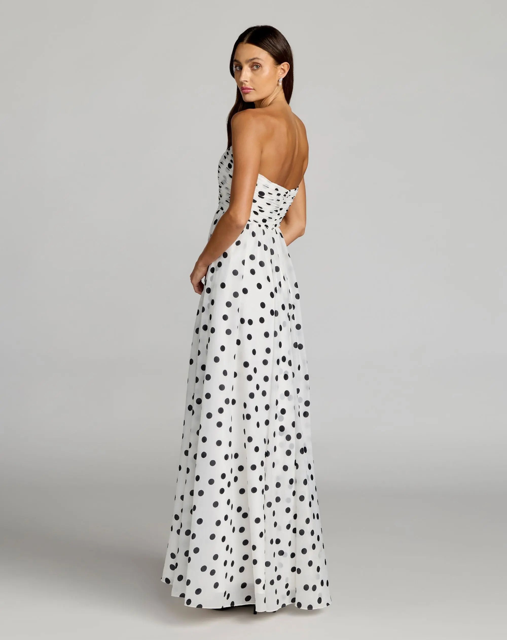 White Polka Dot Strapless Viscose Gown With Slit - Ieena for Mac Duggal