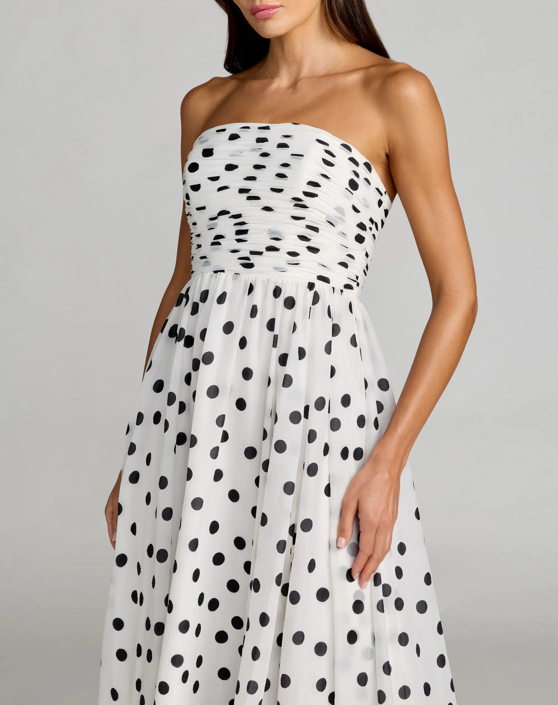White Polka Dot Strapless Viscose Gown With Slit | Mac Duggal White Polka Dot Strapless Viscose Gown With Slit | Mac Duggal