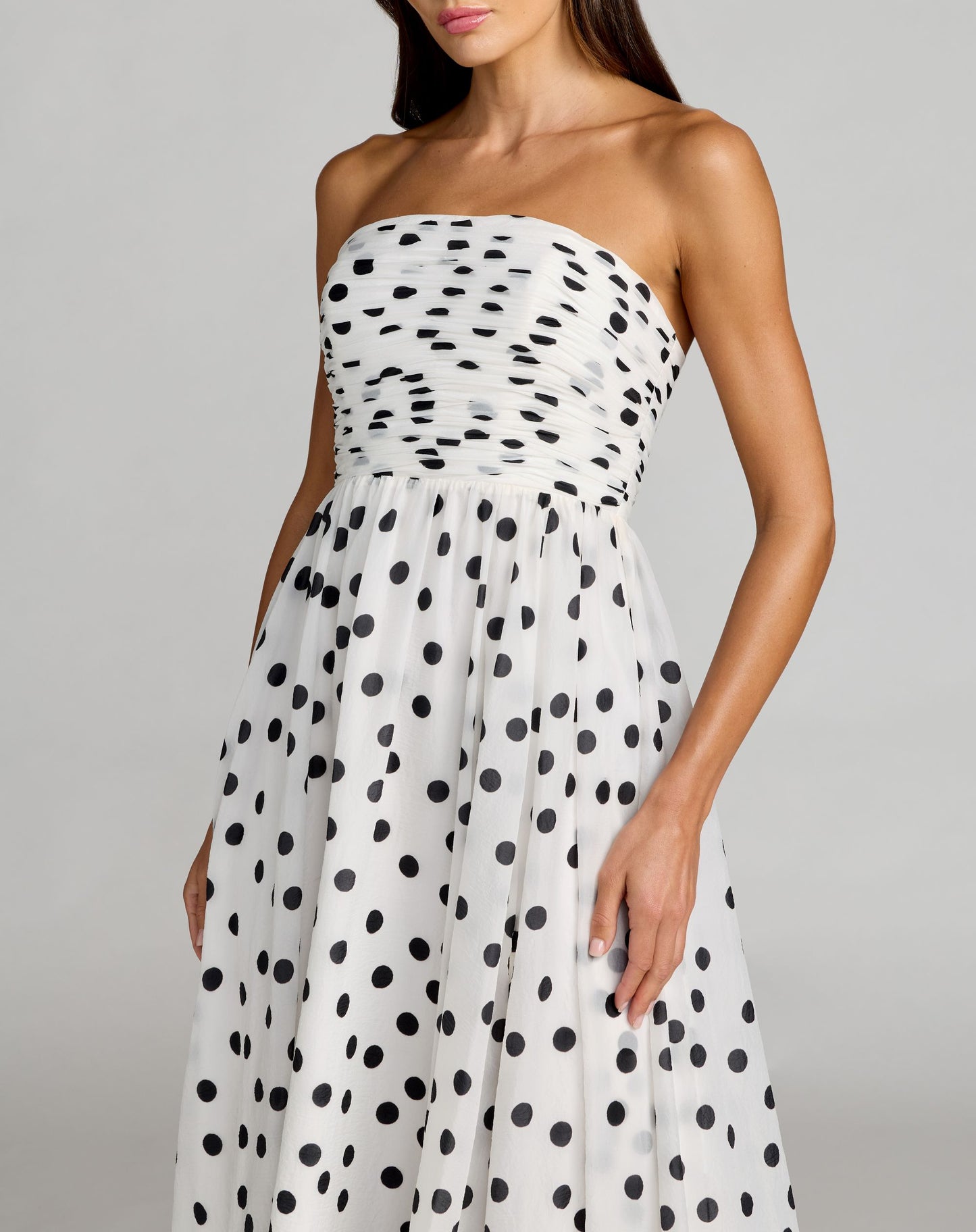 White Polka Dot Strapless Viscose Gown With Slit - Ieena for Mac Duggal