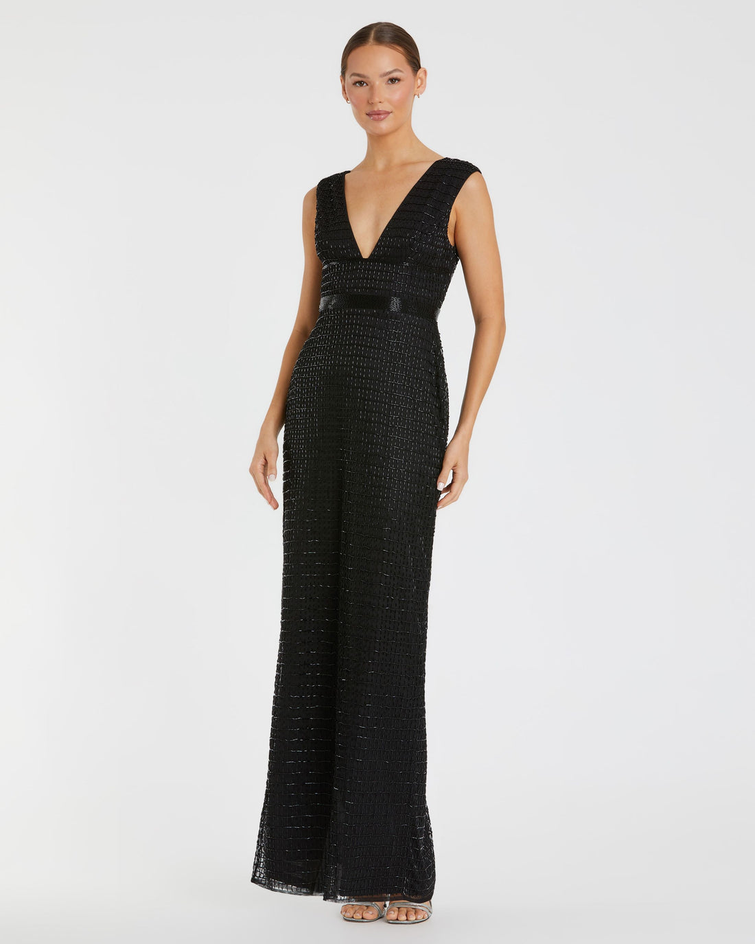 Black Beaded Cap Sleeve V Neck Column Gown