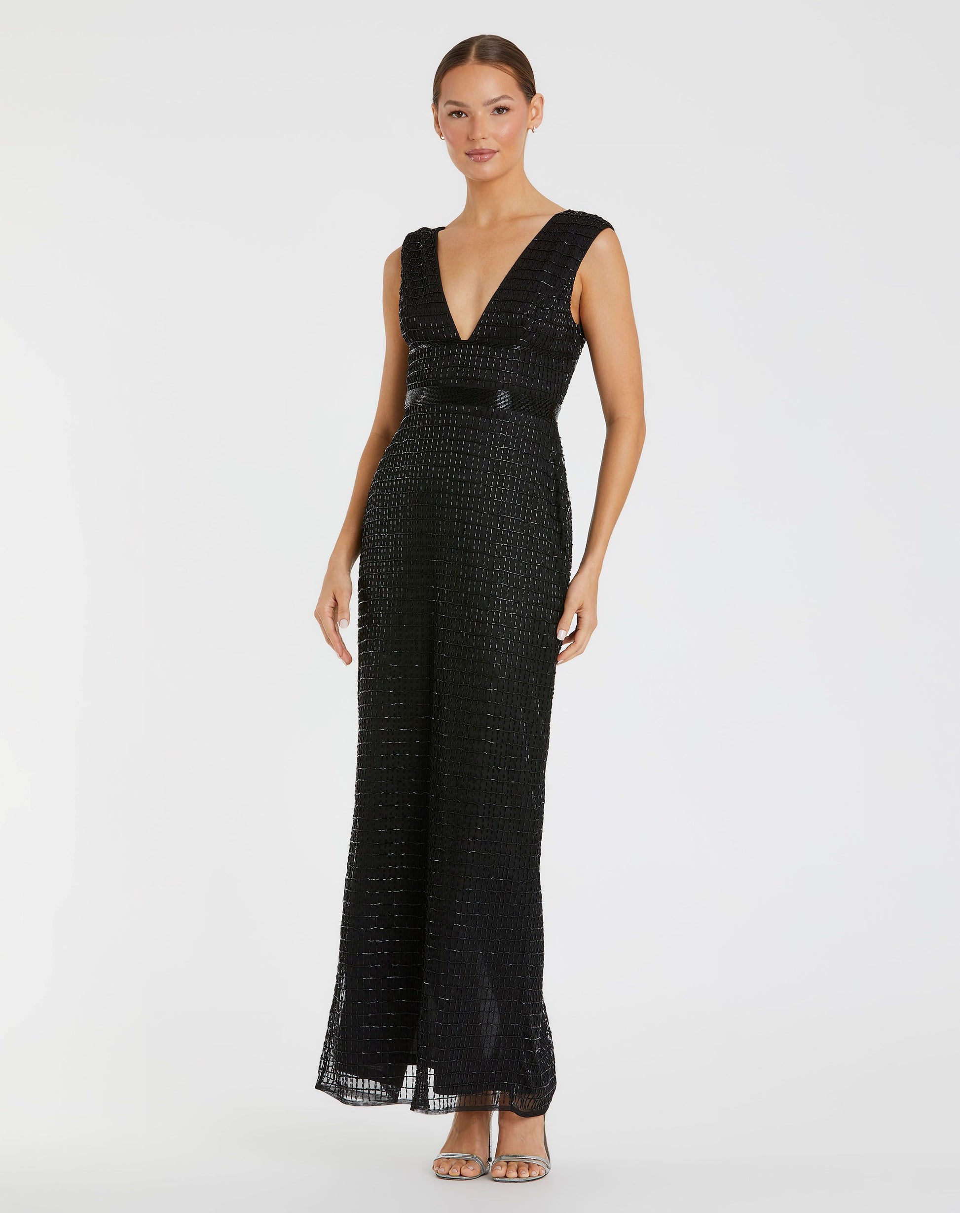 Beaded Cap Sleeve V Neck Column Gown