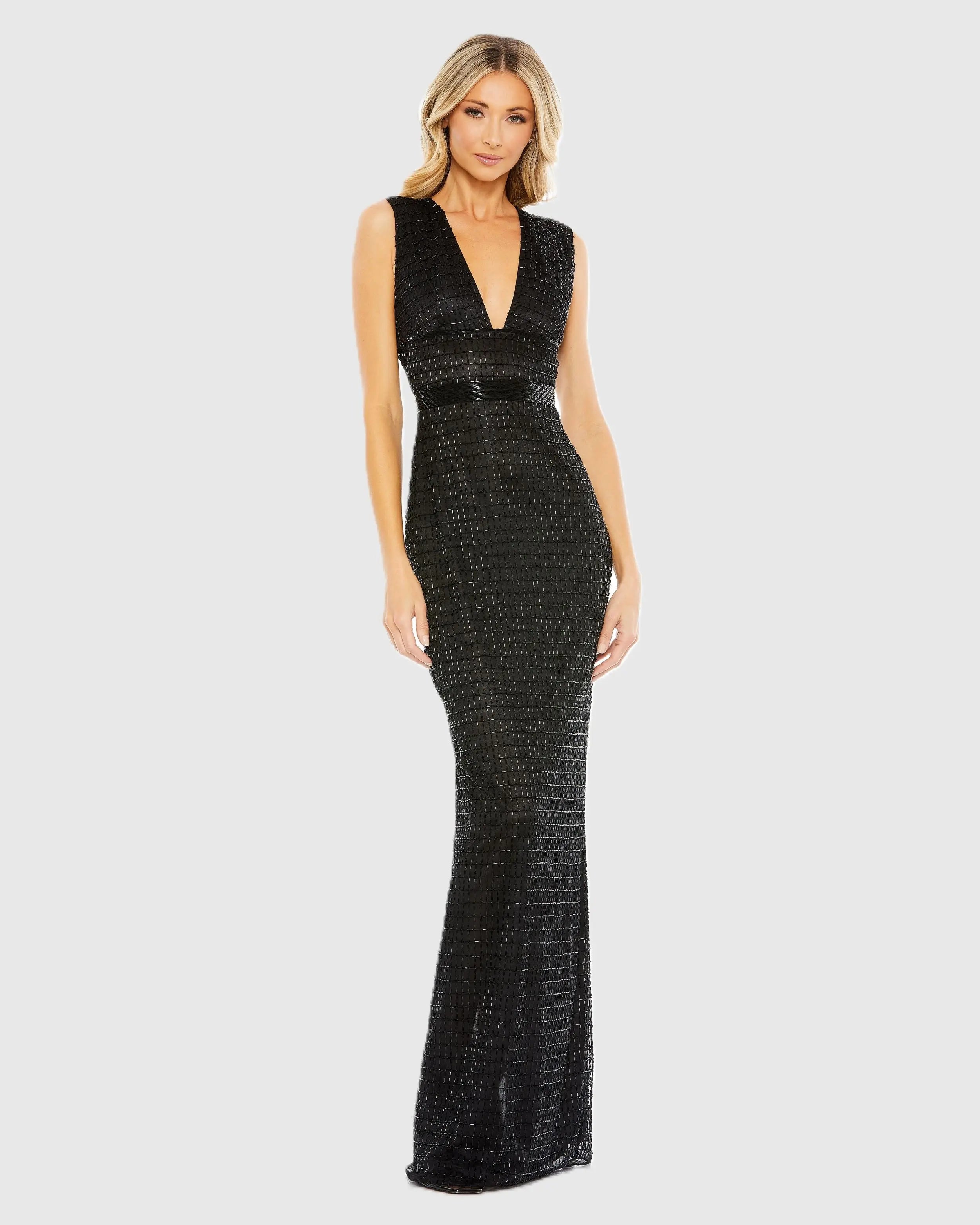 Black Beaded Cap Sleeve V Neck Column Gown - Mac Duggal