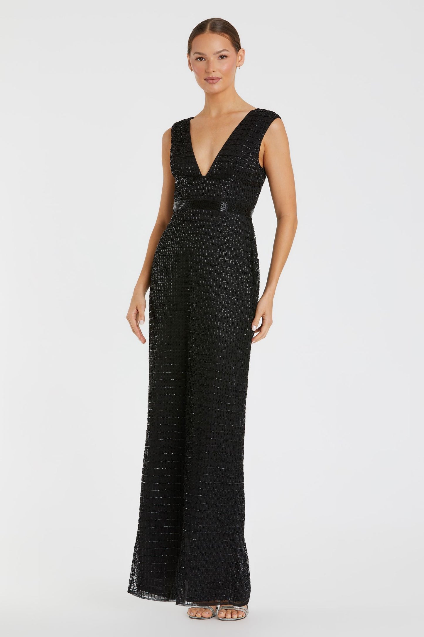 Beaded Cap Sleeve V Neck Column Gown