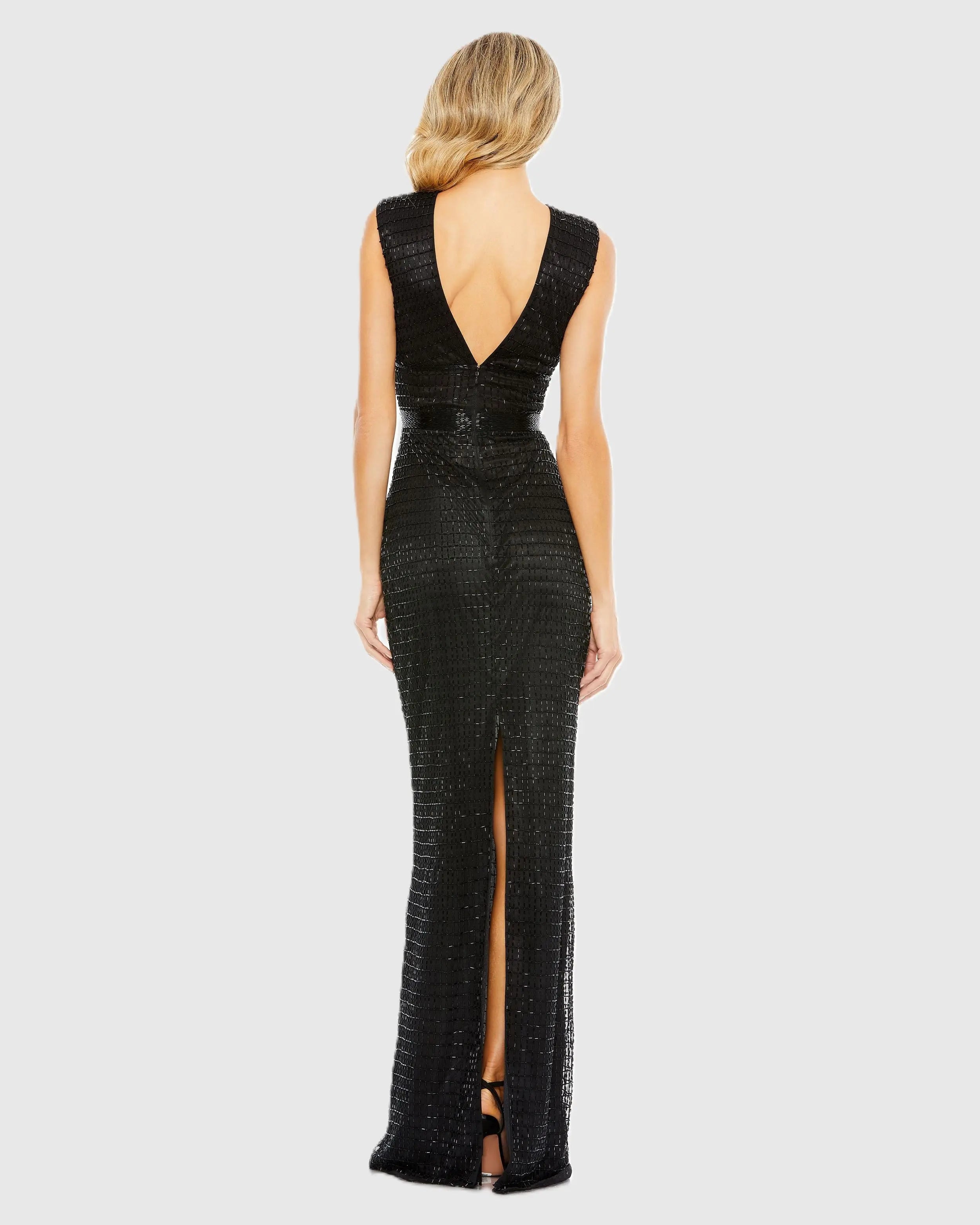 Black Beaded Cap Sleeve V Neck Column Gown - Mac Duggal