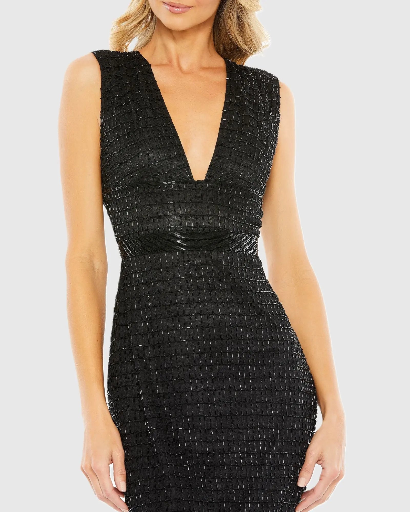 Black Beaded Cap Sleeve V Neck Column Gown - Mac Duggal