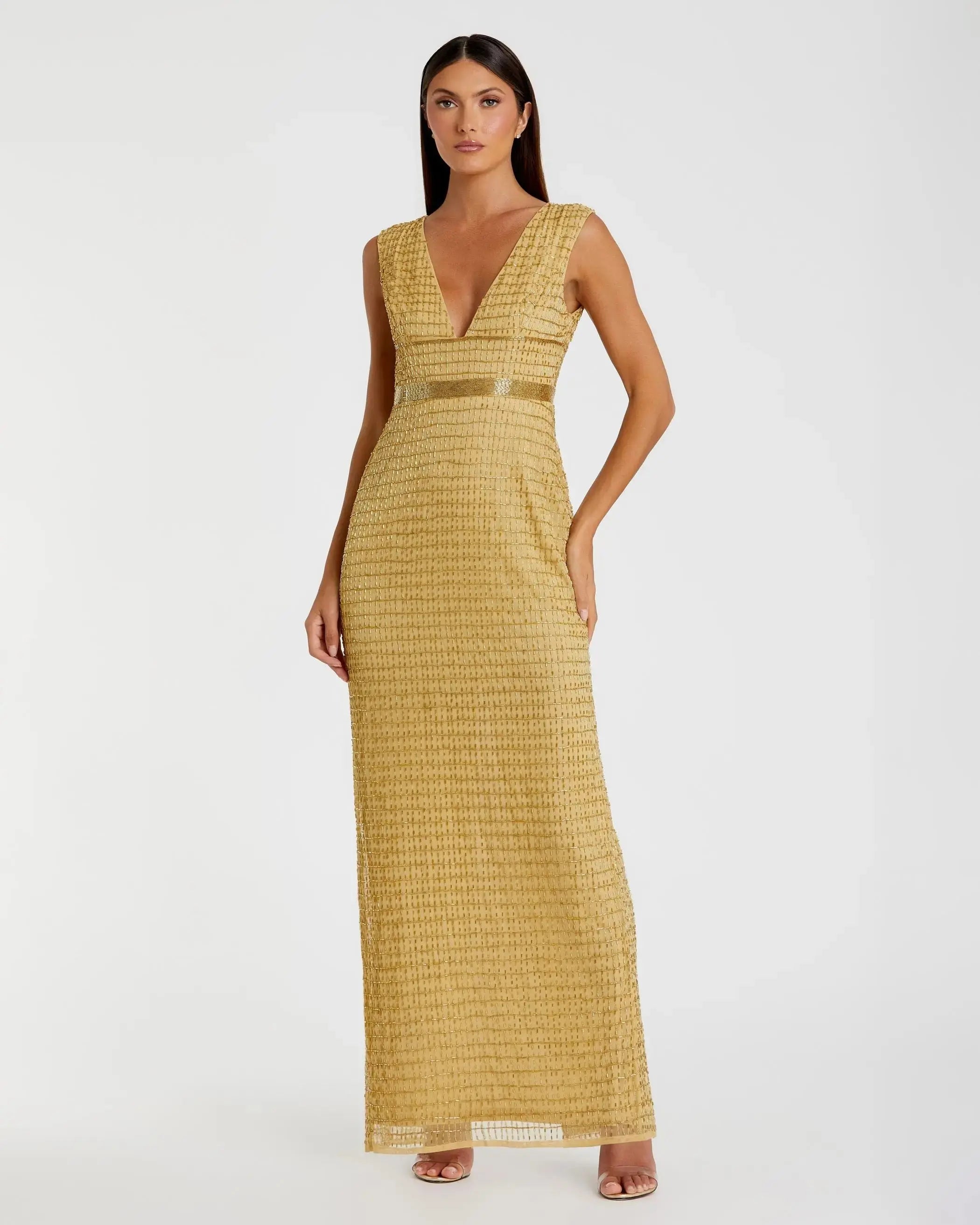 Gold Beaded Cap Sleeve V Neck Column Gown - Mac Duggal