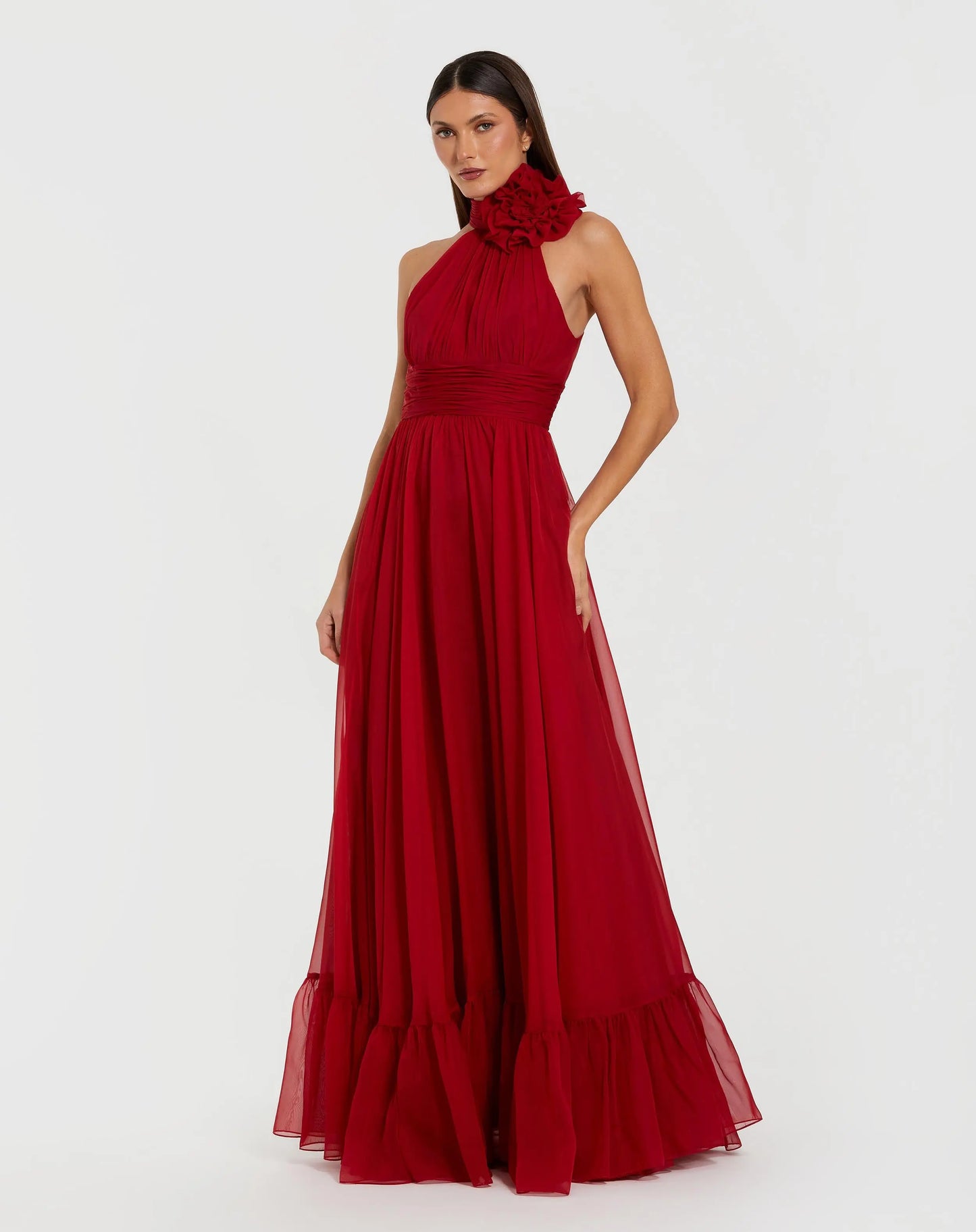 Red High Neck Sleeveless Chiffon Evening Gown with 3D Flower - Ieena for Mac Duggal