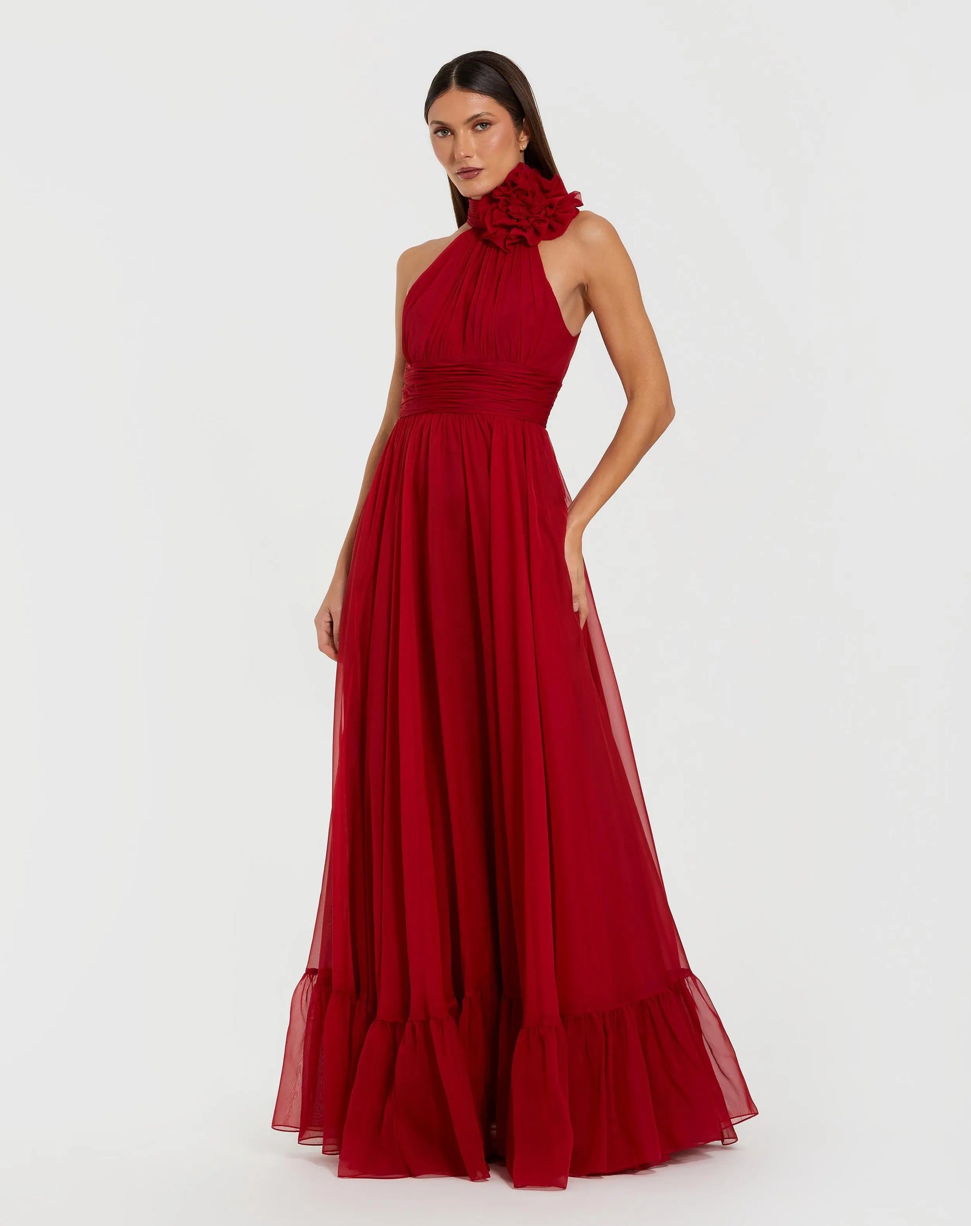 Red High Neck Sleeveless Chiffon Evening Gown with 3D Flower - Ieena for Mac Duggal