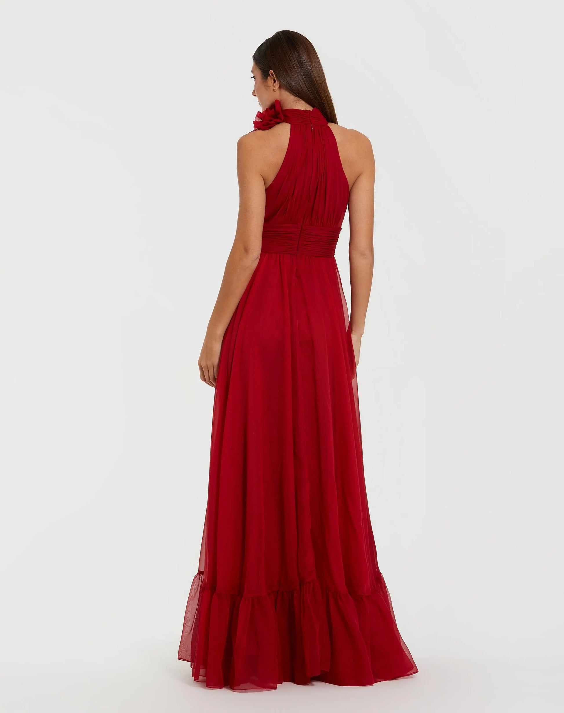 Red Halter Neck Chiffon Gown With 3D Flower | Mac Duggal Red Halter Neck Chiffon Gown With 3D Flower | Mac Duggal