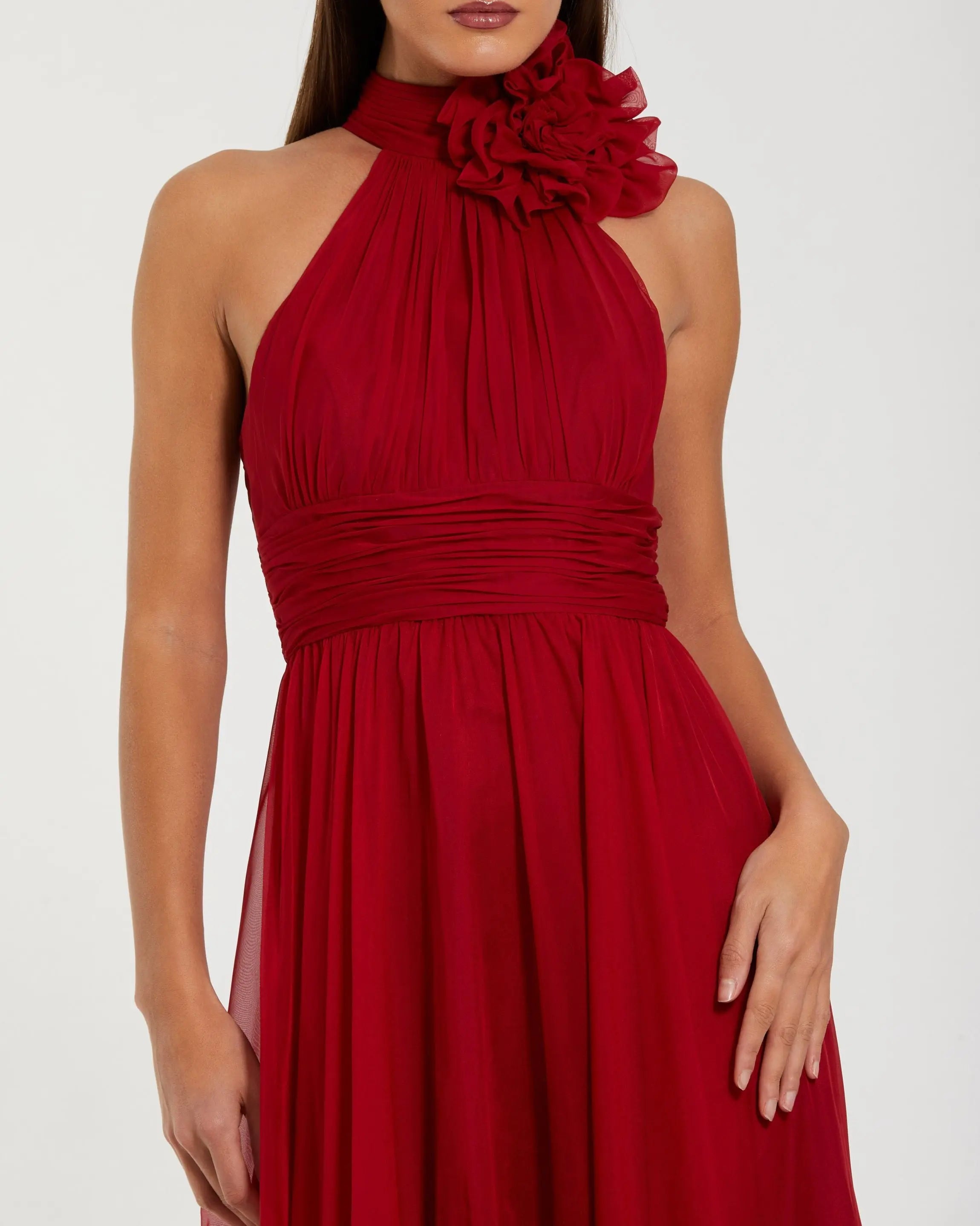 Red Halter Neck Chiffon Gown With 3D Flower