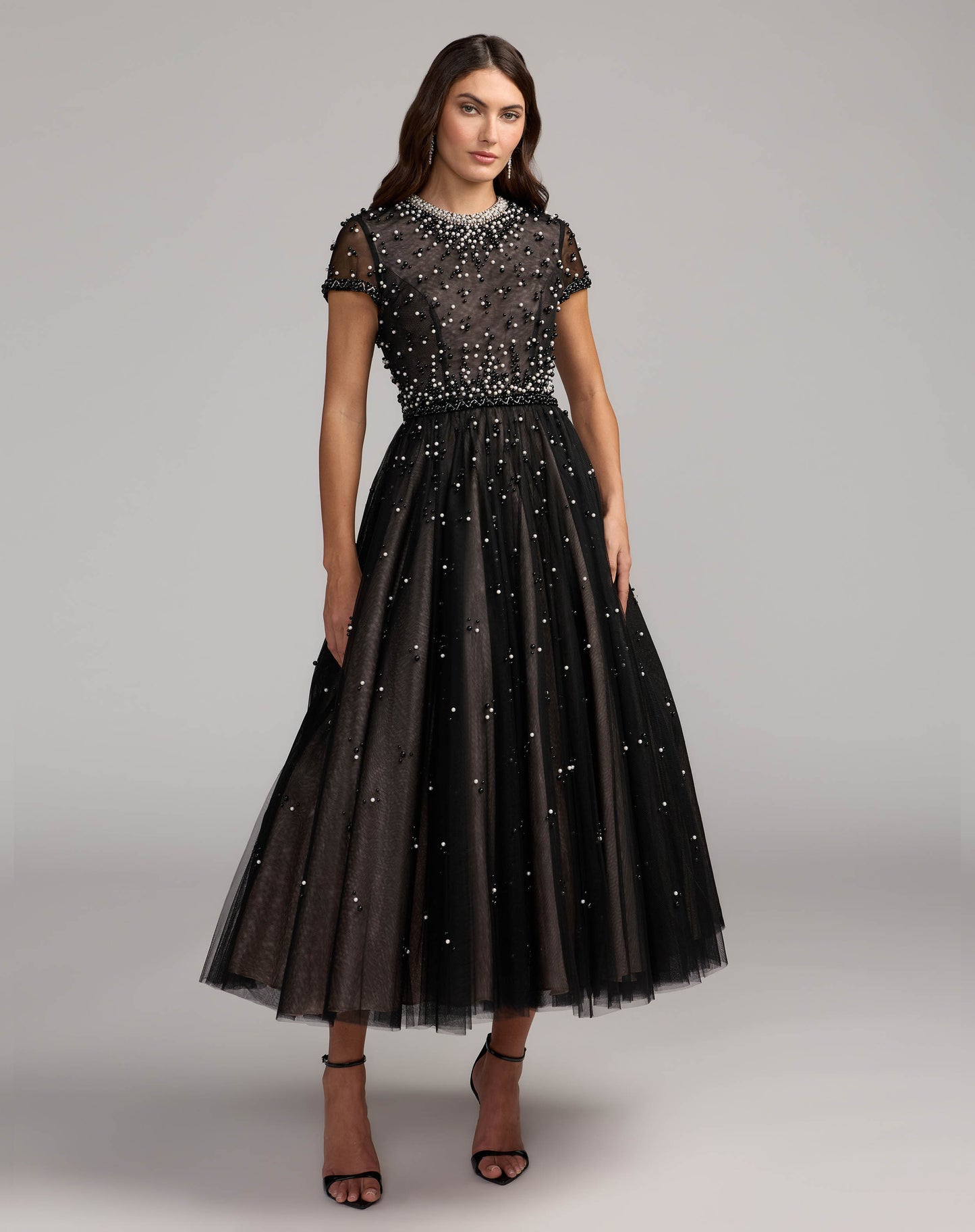 Black Embellished Pearl Tulle Midi Dress Mac Duggal