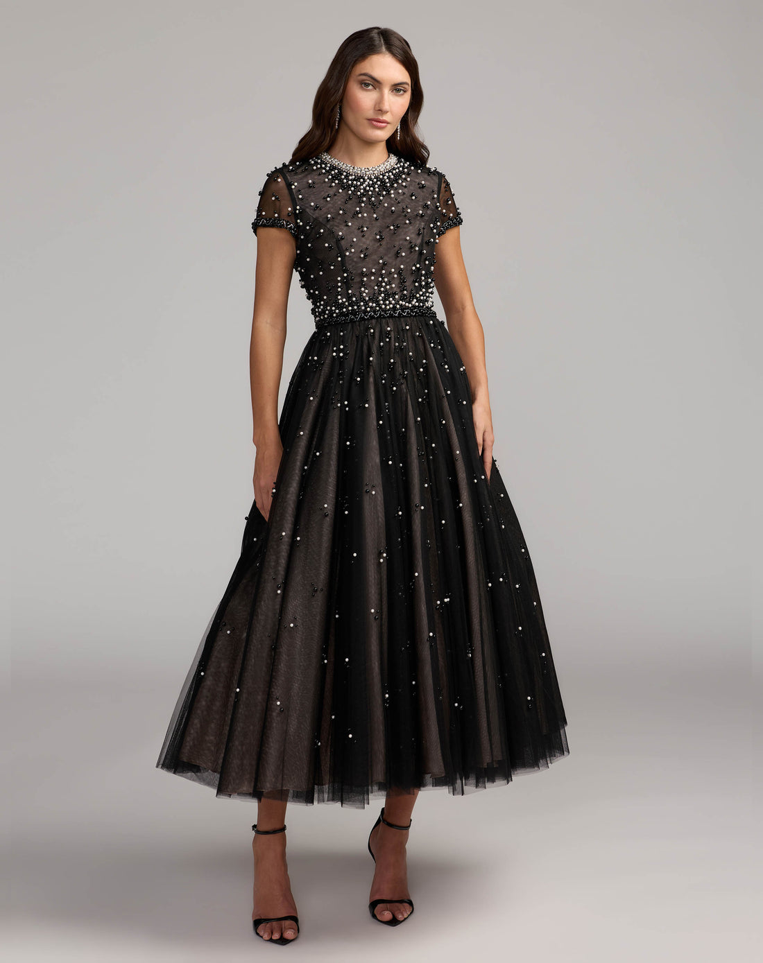 Black Embellished Pearl Tulle Midi Dress Mac Duggal