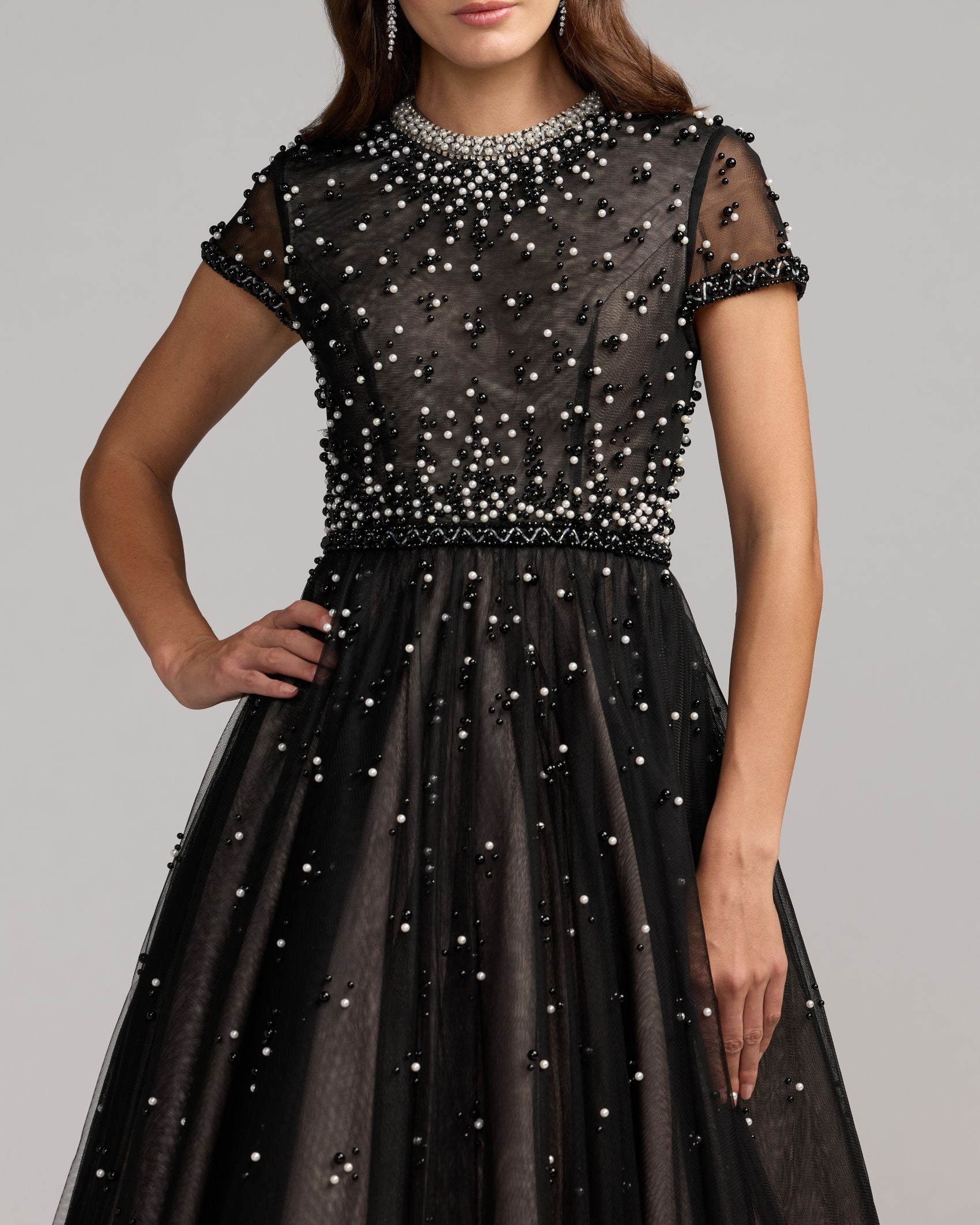 Black Embellished Pearl Tulle Midi Dress Mac Duggal