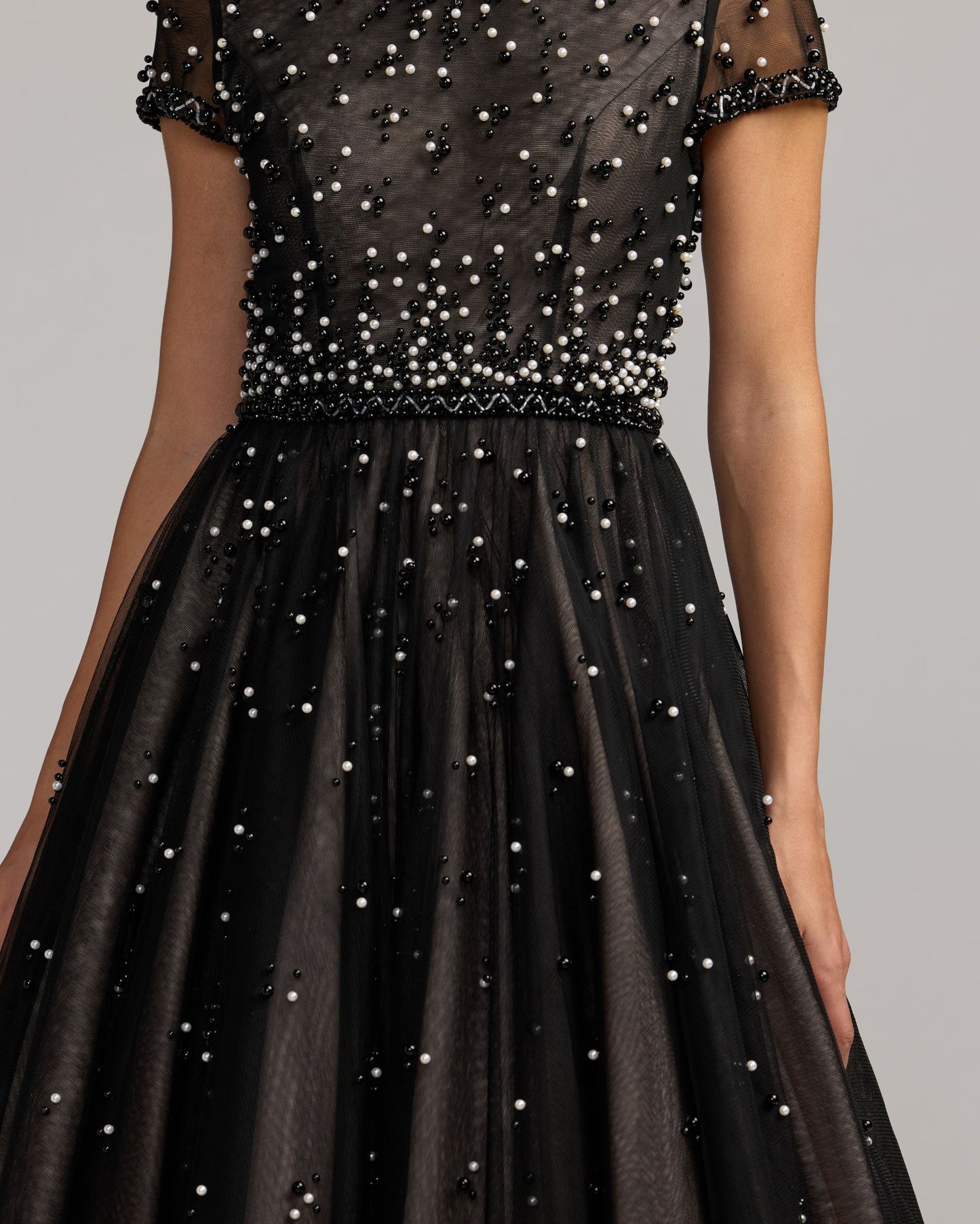 Black Embellished Pearl Tulle Midi Dress Mac Duggal