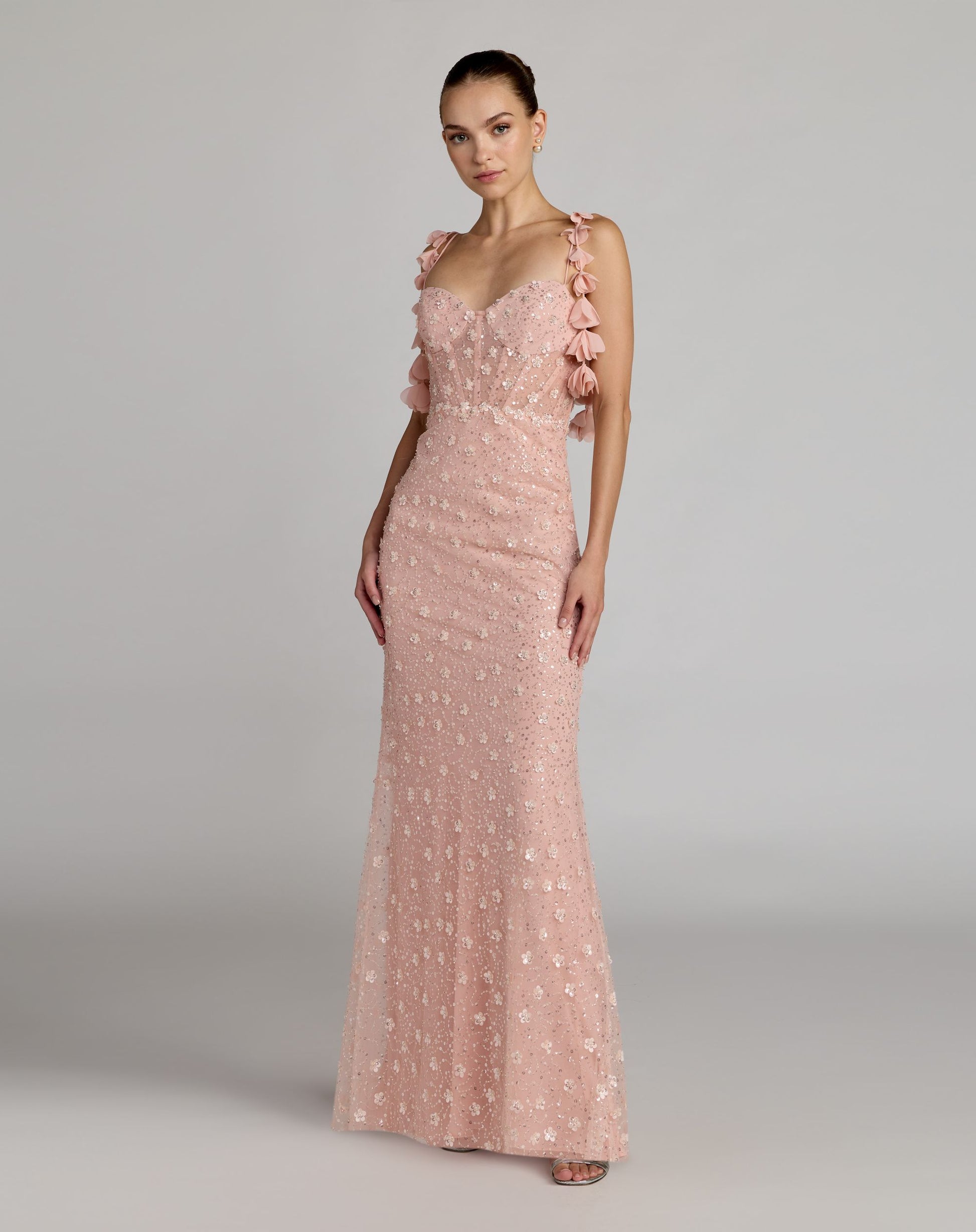 Pink Sweetheart Neck Embellished Gown With Floral Detail - Mac Duggal