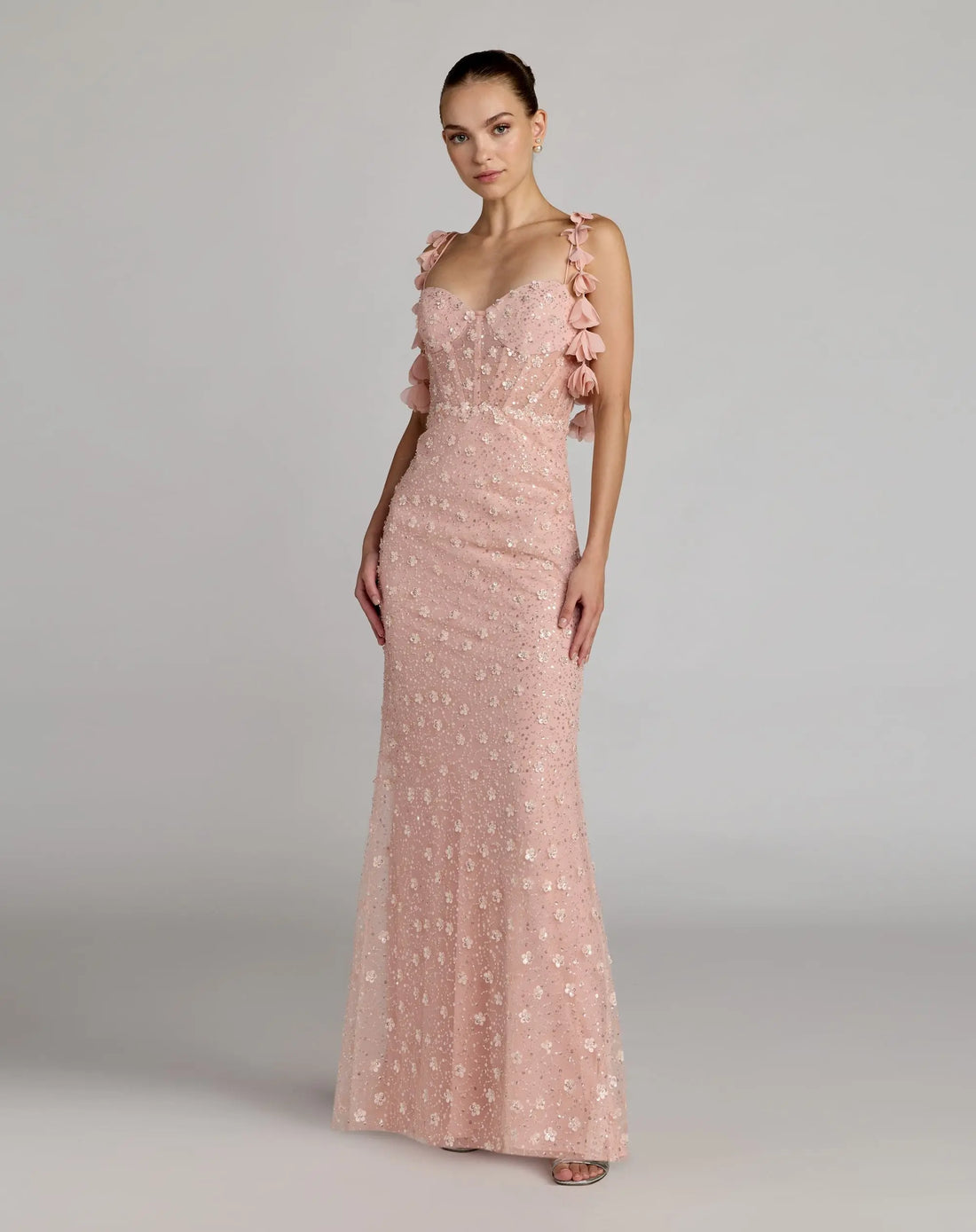 Pink Sweetheart Neck Embellished Gown With Floral Detail Pink Sweetheart Neck Embellished Gown With Floral Detail