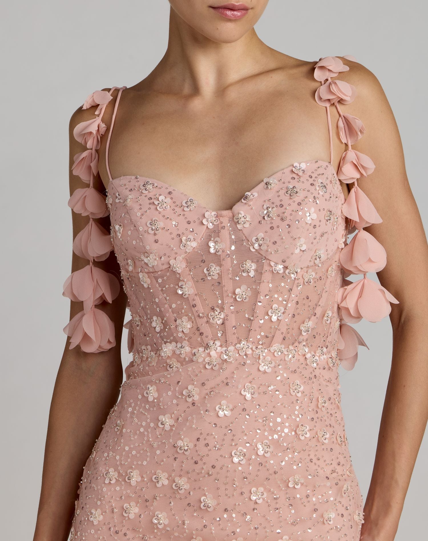 Pink Sweetheart Neck Embellished Gown With Floral Detail - Mac Duggal