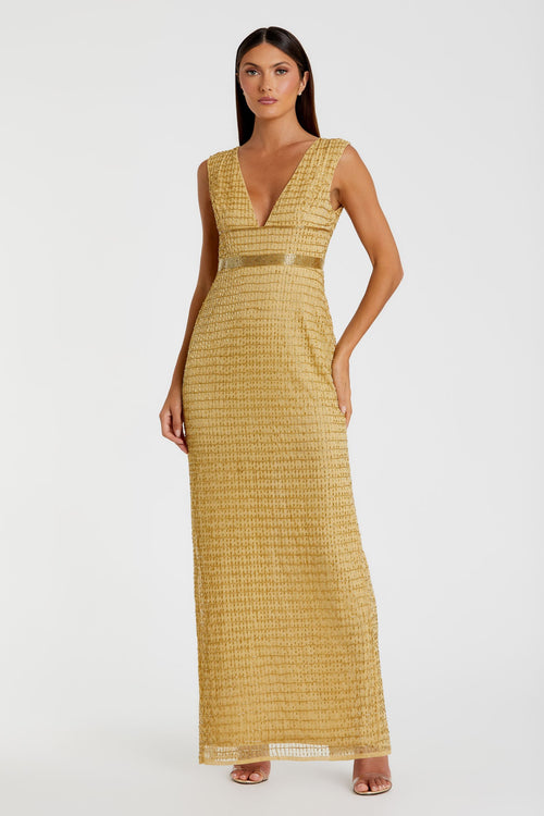 Gold Beaded Cap Sleeve V Neck Column Gown