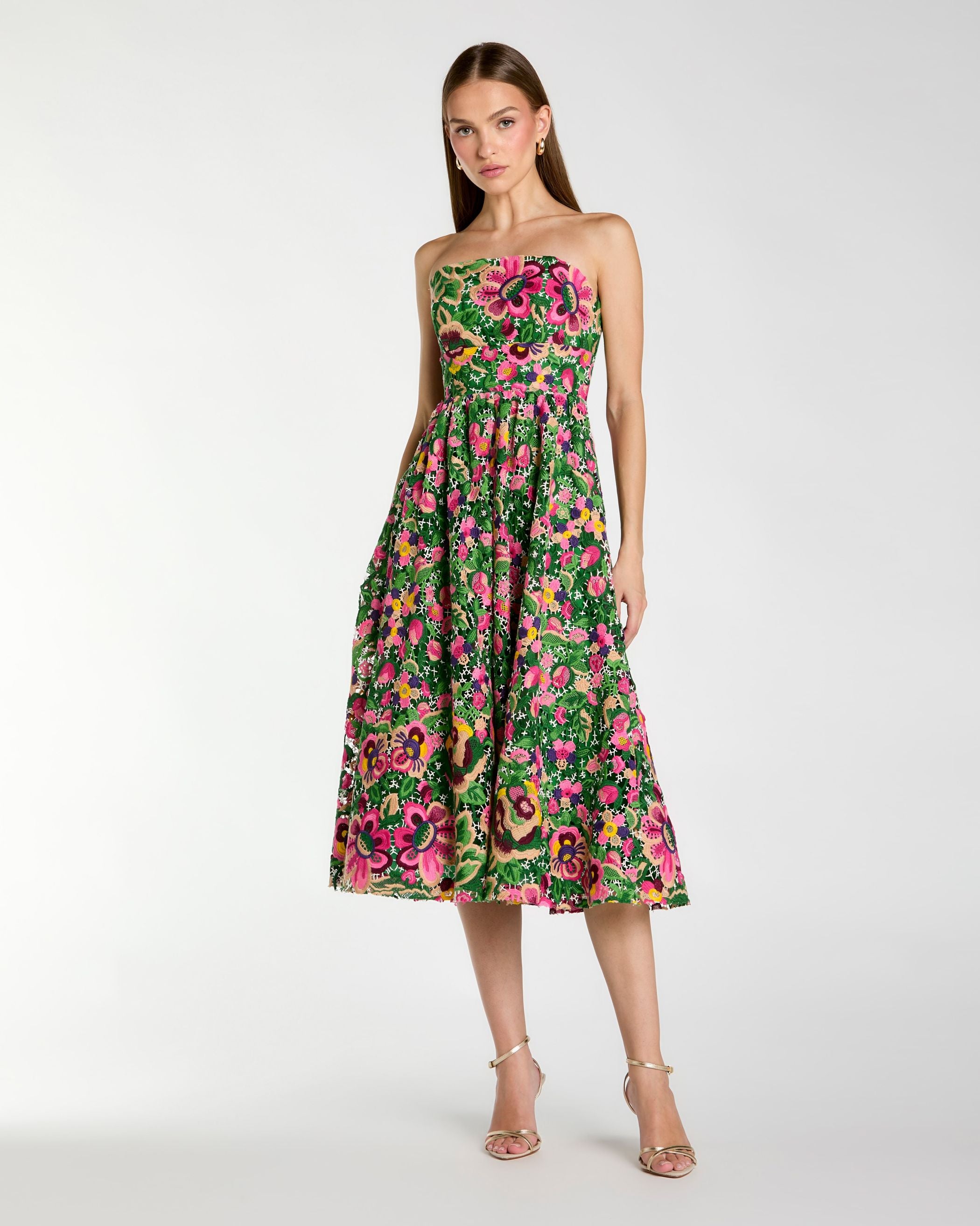 Green Strapless Floral Embroidered Midi Dress Ieena for Mac Duggal