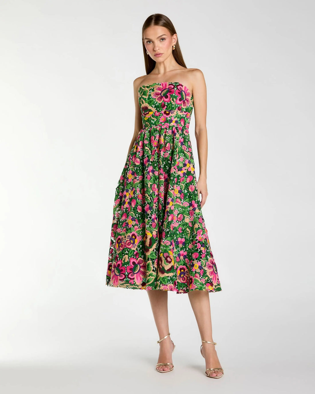 Green Strapless Floral Embroidered Midi Dress