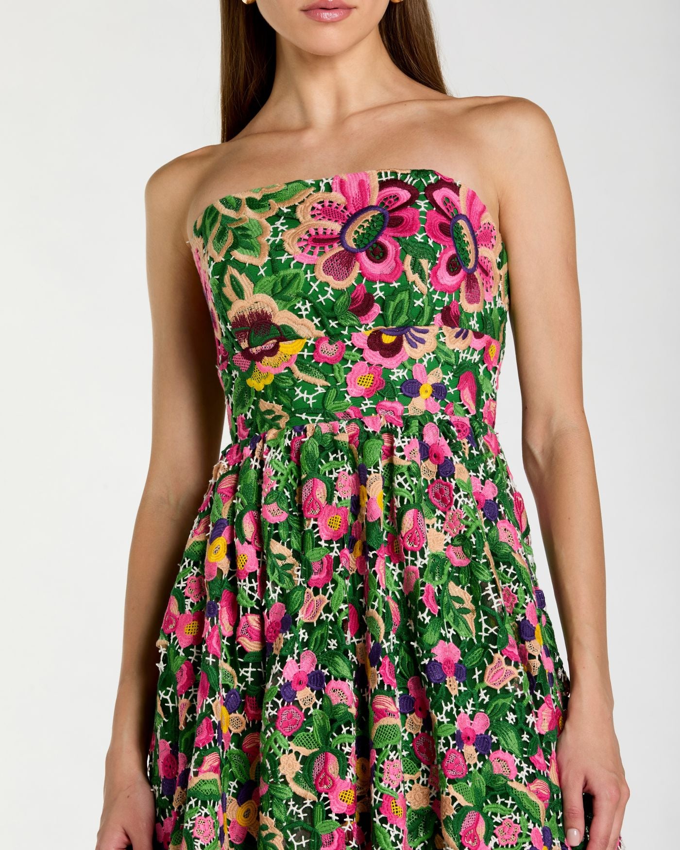 Green Strapless Floral Embroidered Midi Dress Ieena for Mac Duggal