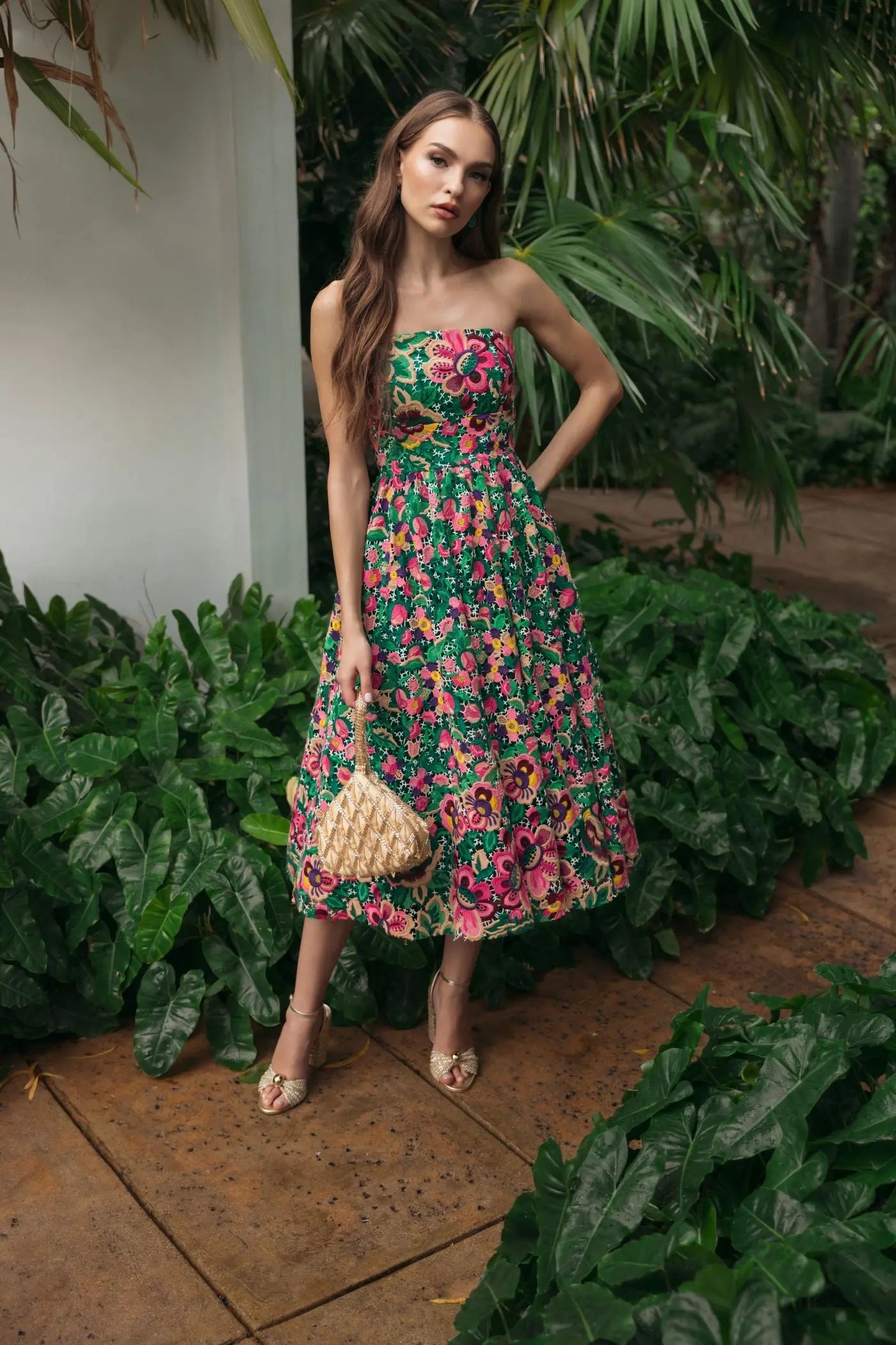 Ieena for Mac Duggal - Green Strapless Floral Embroidered Midi Dress - Green Multi / US 2 Ieena for Mac Duggal - Green Strapless Floral Embroidered Midi Dress - Green Multi / US 2