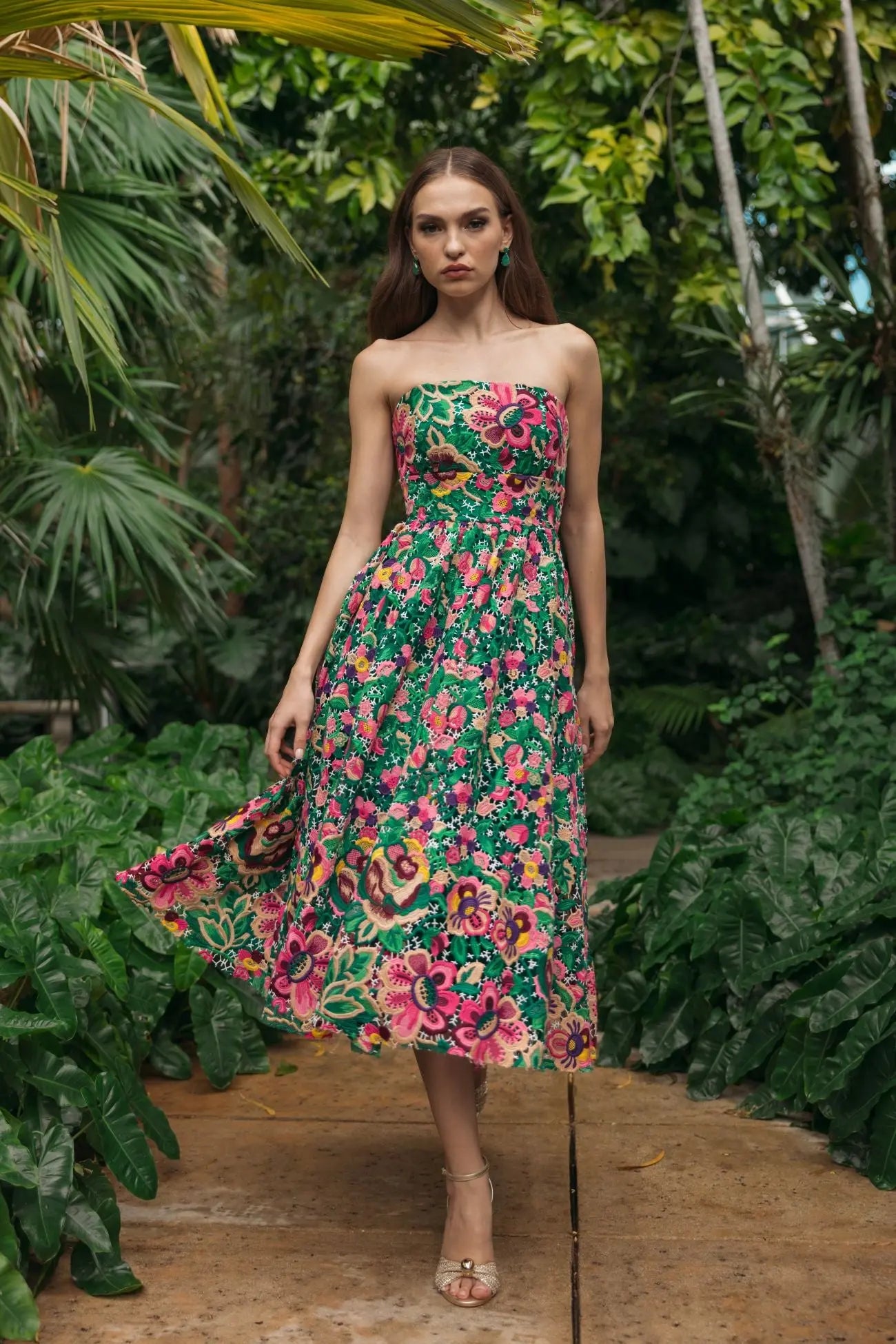 Ieena for Mac Duggal - Green Strapless Floral Embroidered Midi Dress - Green Multi / US 2 Ieena for Mac Duggal - Green Strapless Floral Embroidered Midi Dress - Green Multi / US 2