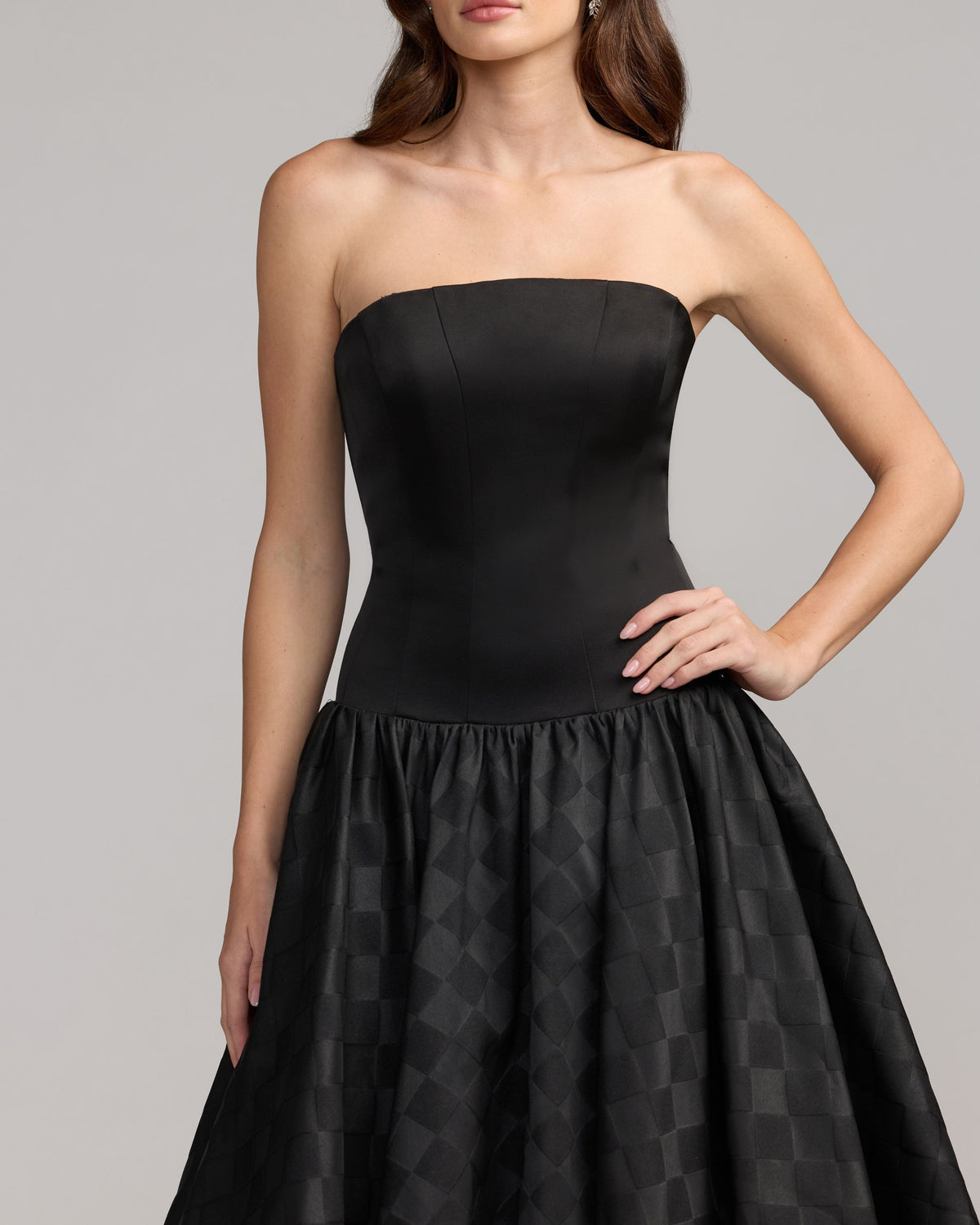 Black Strapless Satin Drop Waist Gown - Ieena for Mac Duggal
