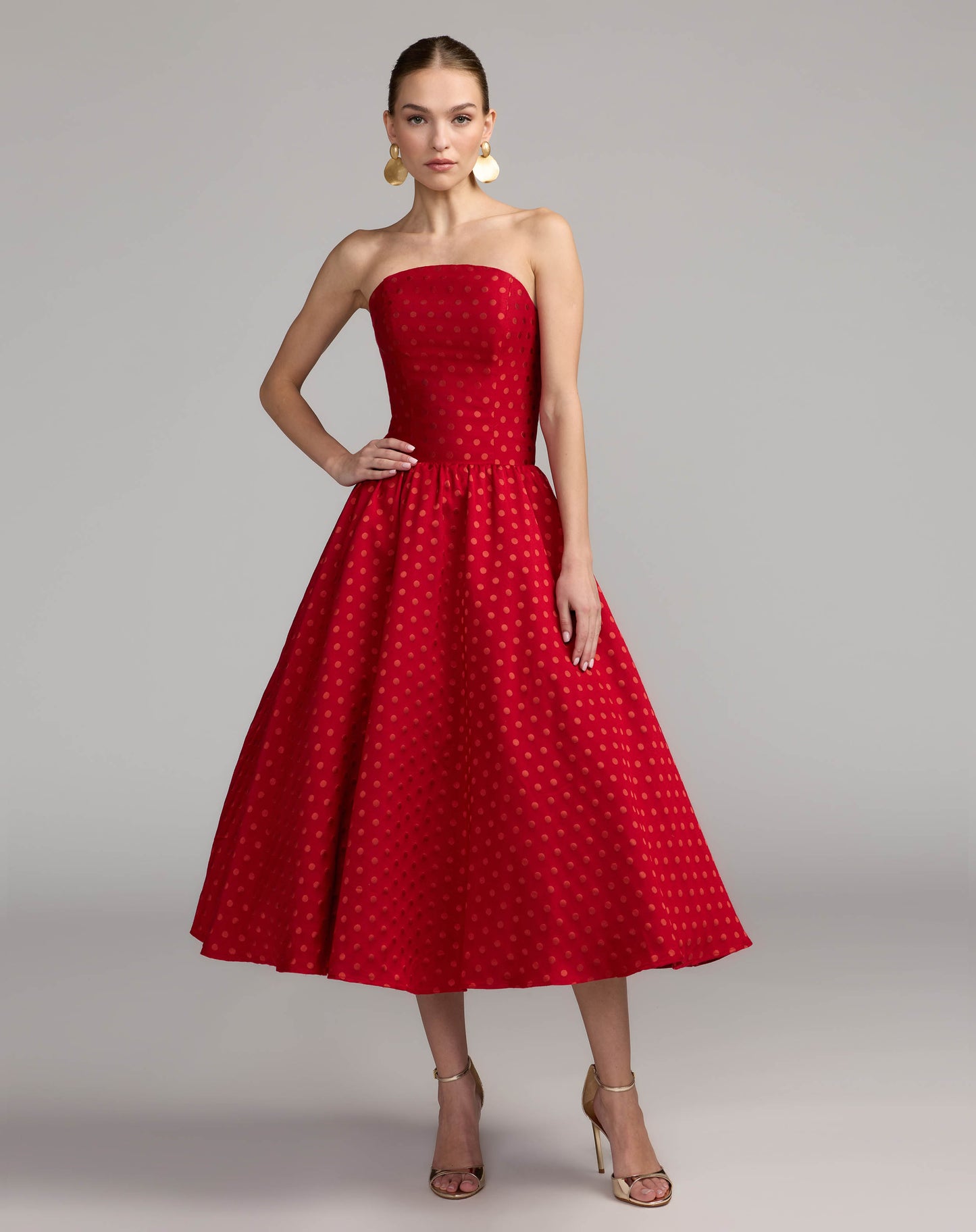 Red Strapless Polka Dot Brocade Midi Dress Ieena for Mac Duggal