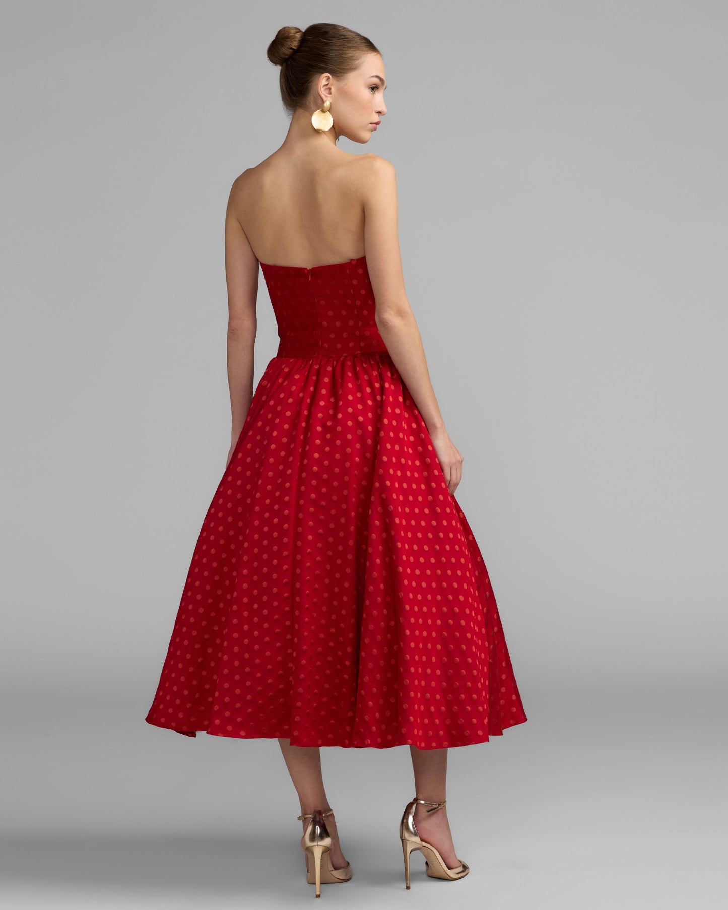 Red Strapless Polka Dot Brocade Midi Dress Ieena for Mac Duggal