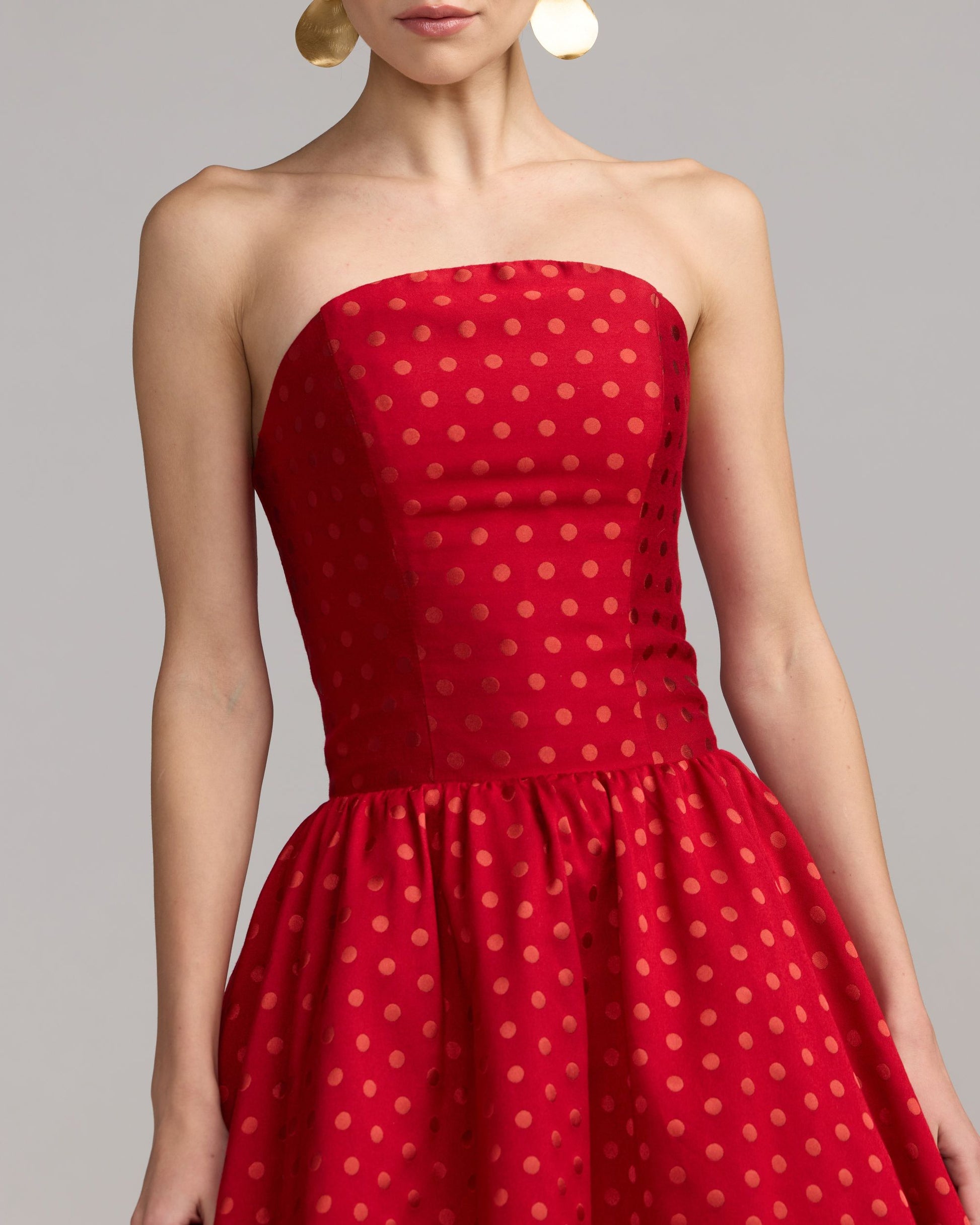 Red Strapless Polka Dot Brocade Midi Dress Ieena for Mac Duggal